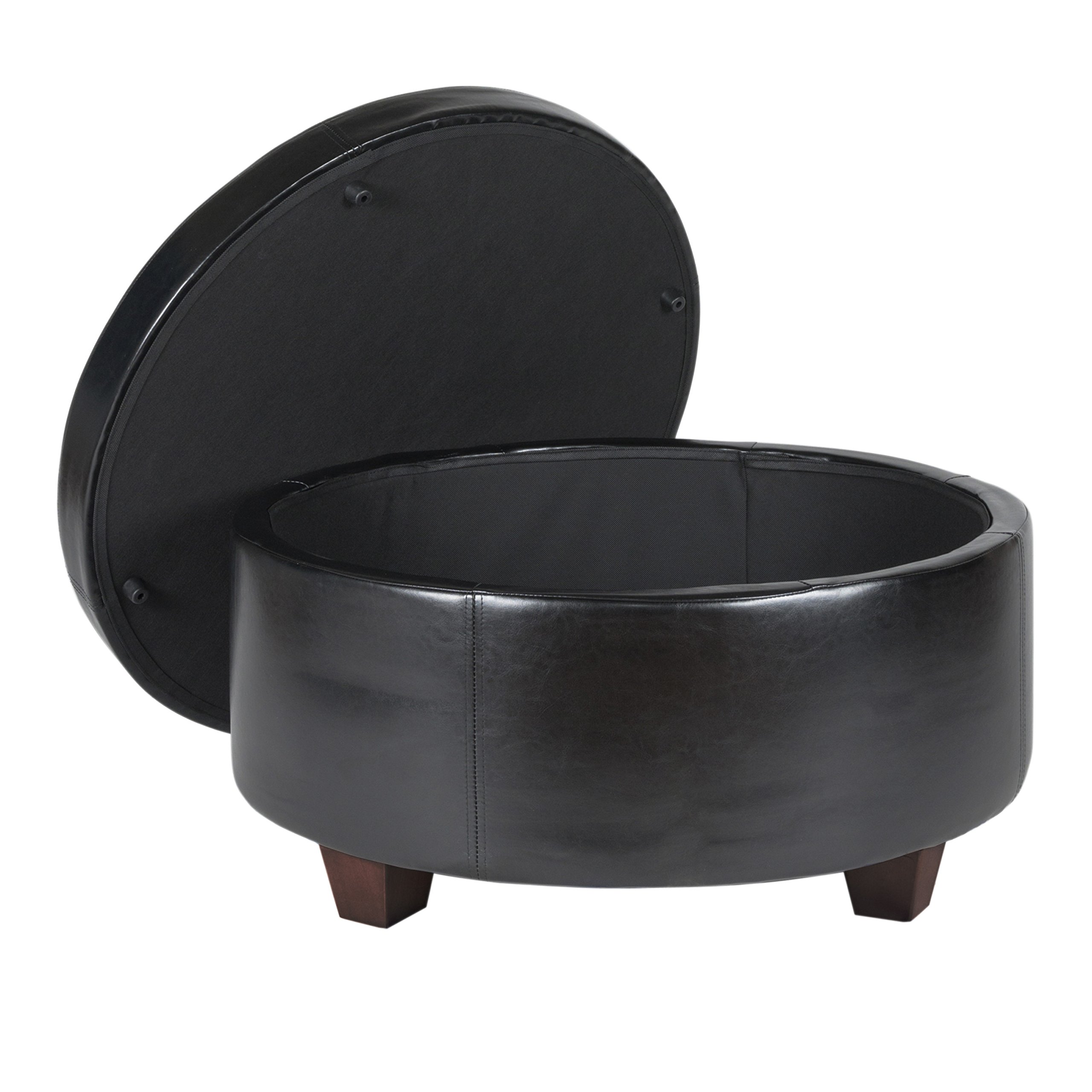 Homepop Upholstered Faux Leather Round Storage Ottoman with Tufted Button Top - Large Decorative Footstool for Living Room & Bedroom - Perfect for Extra Seating, Storage & Home Decor (Black)