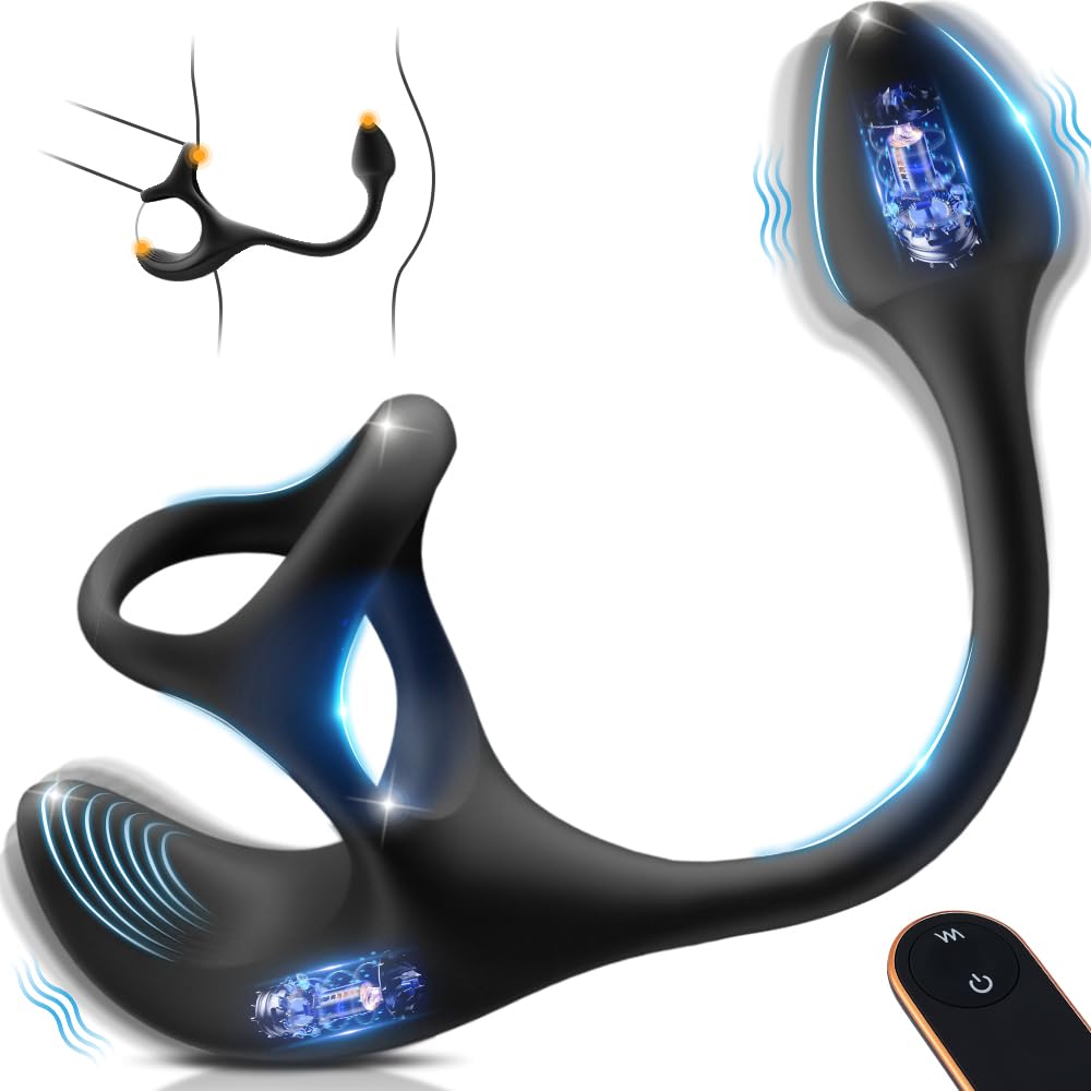 4-in1 Vibrating Cock Ring with Prostate Massager & Remote Control - Anal Plug, Taint Stimulator & Penis Ring for Couples - Enhance Intimacy & Pleasure in Bedroom Play