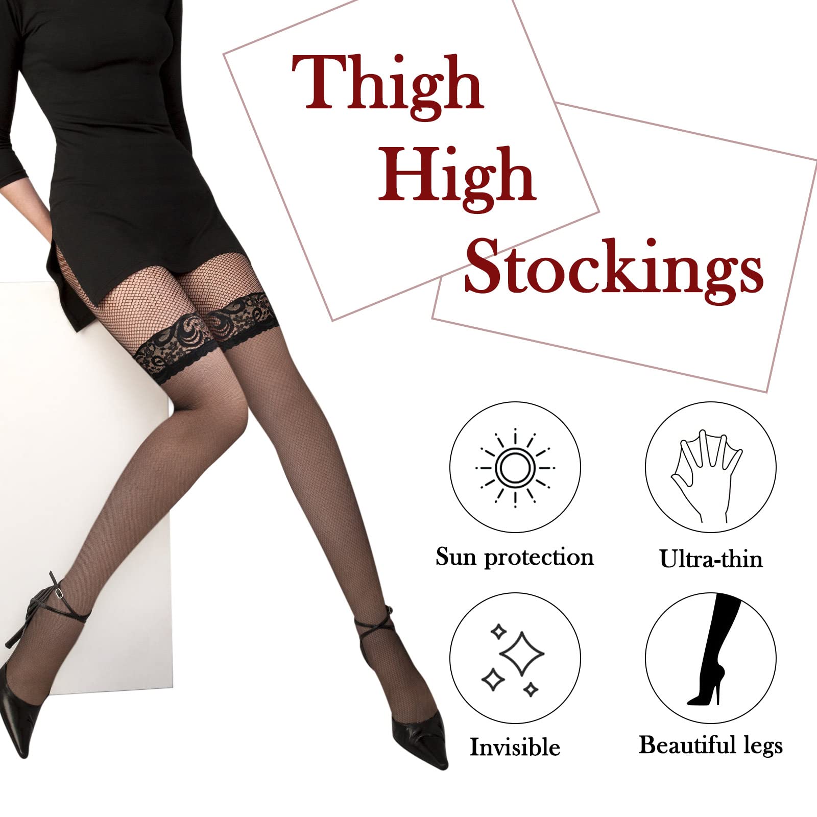 3 Pairs Women's Lace Thigh High Stockings - Semi-Sheer Hold-Up Anti-Slip Silk Tights for Women & Girls - Valentine's Day Gift, Date Night, Party Wear & Special Occasions