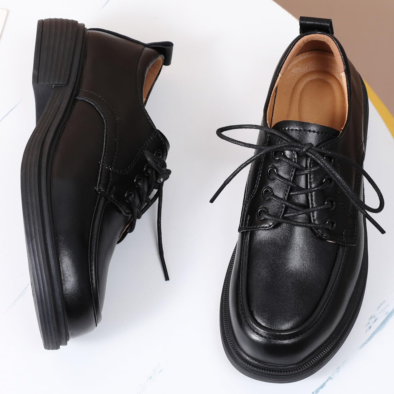 Women's Classic Leather Oxford Shoes - Lace-Up Round Toe Flat Shoes for Business & Office | Non-Slip Comfortable Dressy Shoes for Work & Casual Wear | Perfect for Professional Women, Daily Commute & Formal Occasions