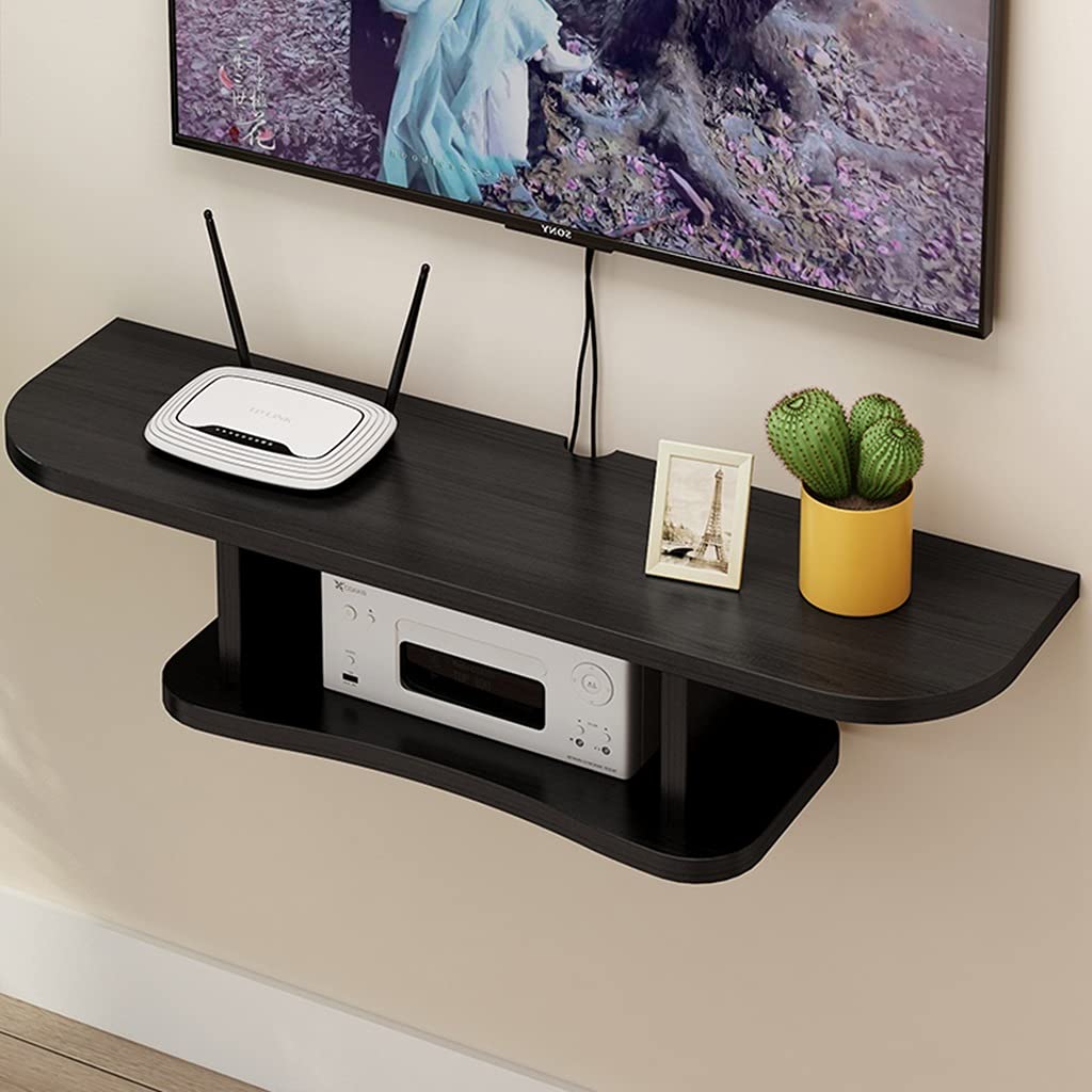 SUNDAY HOME 2-Tier Floating Wood TV Shelf - Heavy Duty Wall Mounted TV Stand, Entertainment Center for Living Room - Black Wooden Background Wall Decoration Rack | Perfect for Modern Home Theater Setup & Living Room Organization