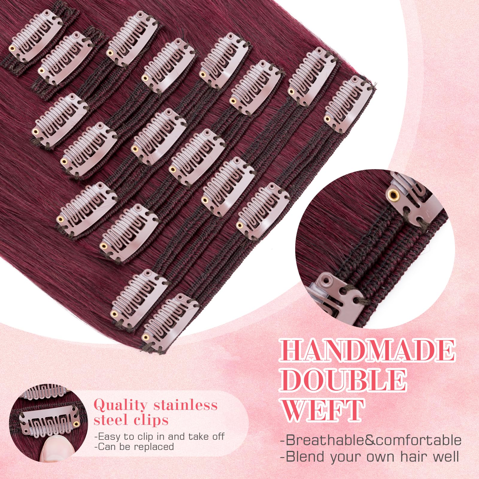 18 Inch Burgundy Clip in Human Hair Extensions - 8pcs 140g Straight Double Weft Real Human Hair #99J Wine Red | Perfect for Parties, Weddings & Daily Styling