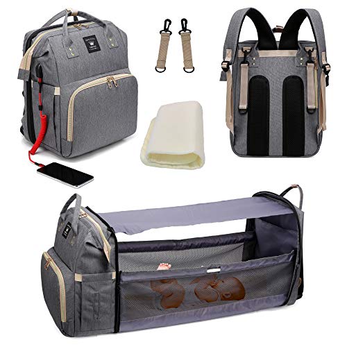 Waterproof Diaper Bag Backpack with Foldable Crib & Detachable Bassinet - Baby Changing Station, Travel Organizer with Sunshade & Free Mattress (Grey) - Perfect for Newborn Travel, Park Outings & Family Vacations