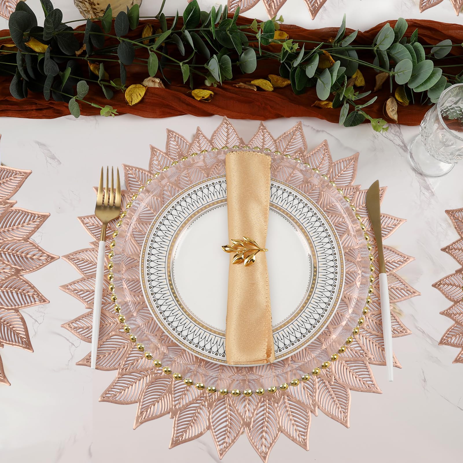 6-Piece Round Floral Vinyl Placemats Set - Hollow Out Flower Design for Dining Table Decor, Holiday Party, Wedding Centerpiece (Rose Gold) | Elegant Table Setting for Dinner Parties & Special Occasions