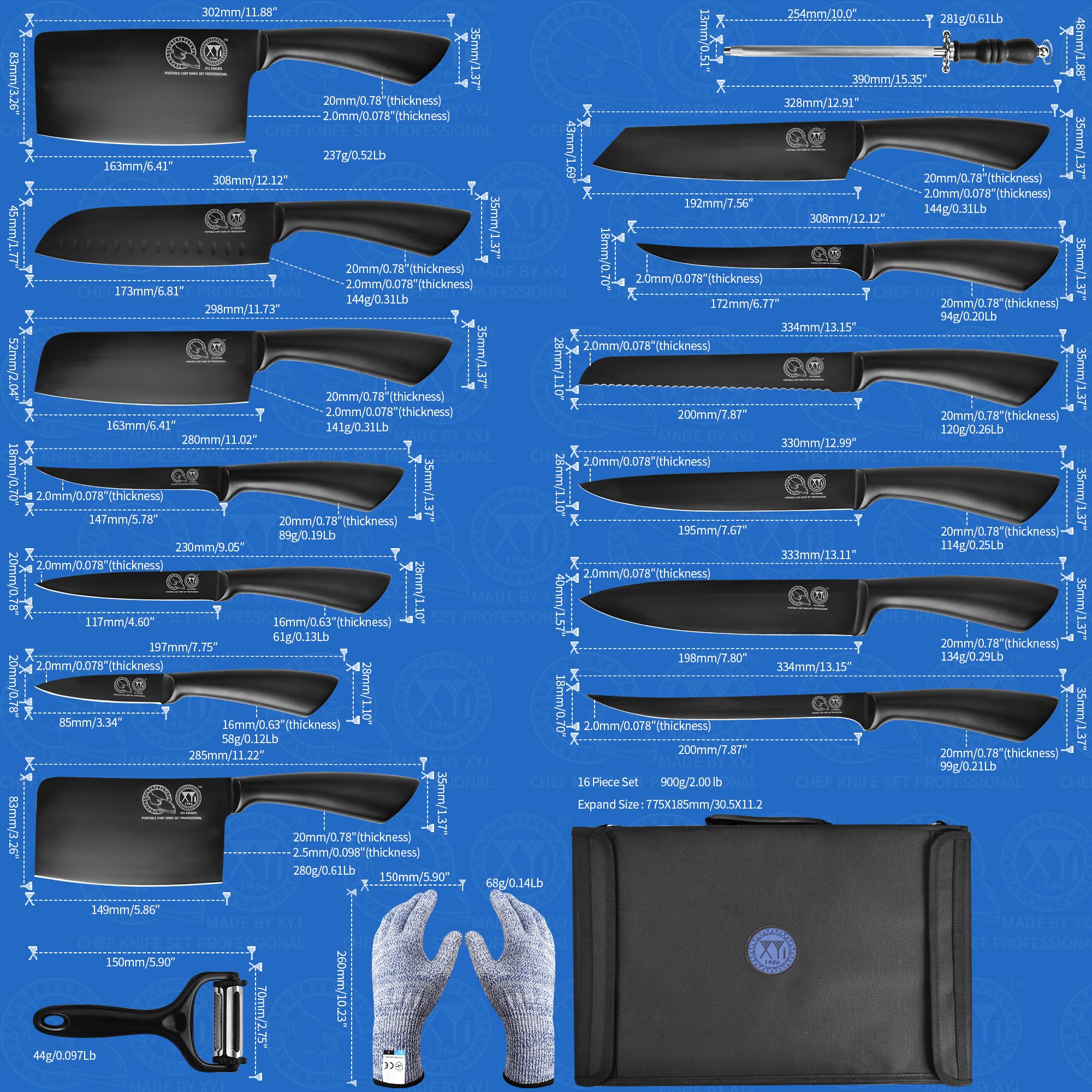 XYJ Professional Chef Knife Set - High-Quality Meat Cleaver & Butcher Knives for Camping, Cooking & Outdoor Adventures - Includes Carrying Bag - Perfect Gift for Chefs, Men & Women (Full Black) - Ideal for Home Kitchens, BBQ Parties & Camping Trips