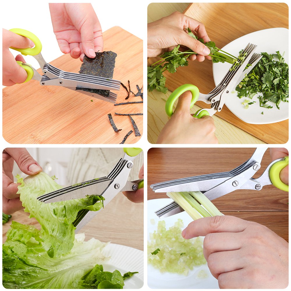2-Pack Stainless Steel Herb Scissors - 5-Blade Kitchen Shears with Brush | Heavy Duty for Cooking & Gardening
