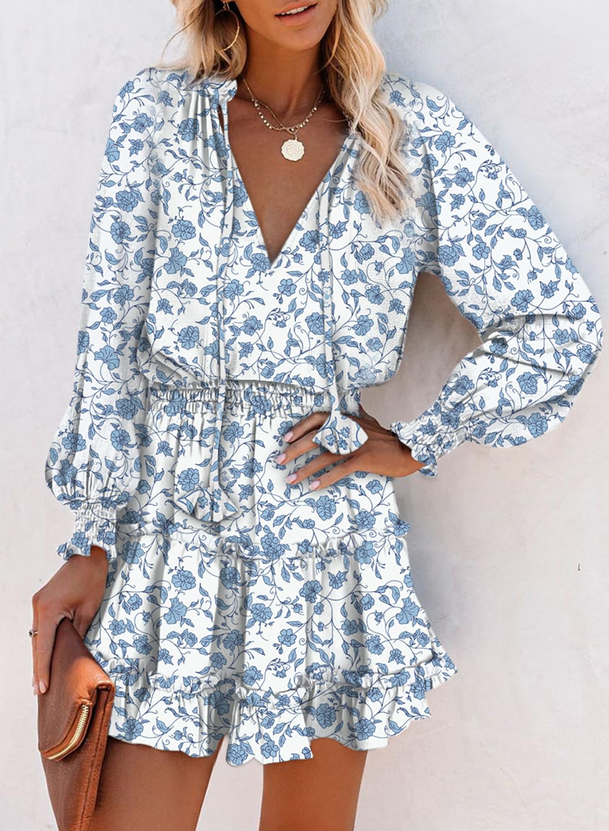 2025 Boho Floral Print Chiffon Mini Dress with V-Neck, Long Sleeves & Tiered Ruffle - Dokotoo Women's Spring Smocked Waist Short Dress for Casual Outings & Garden Parties
