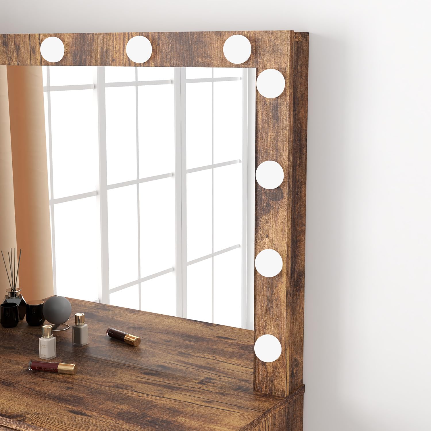 Vanity Desk with Mirror and Adjustable LED Lights, Makeup Vanity Table Set with Storage Drawer & Stool - Elegant Brown Dressing Table for Bedroom | Perfect for Beauty Routine, Makeup Application & Home Decor