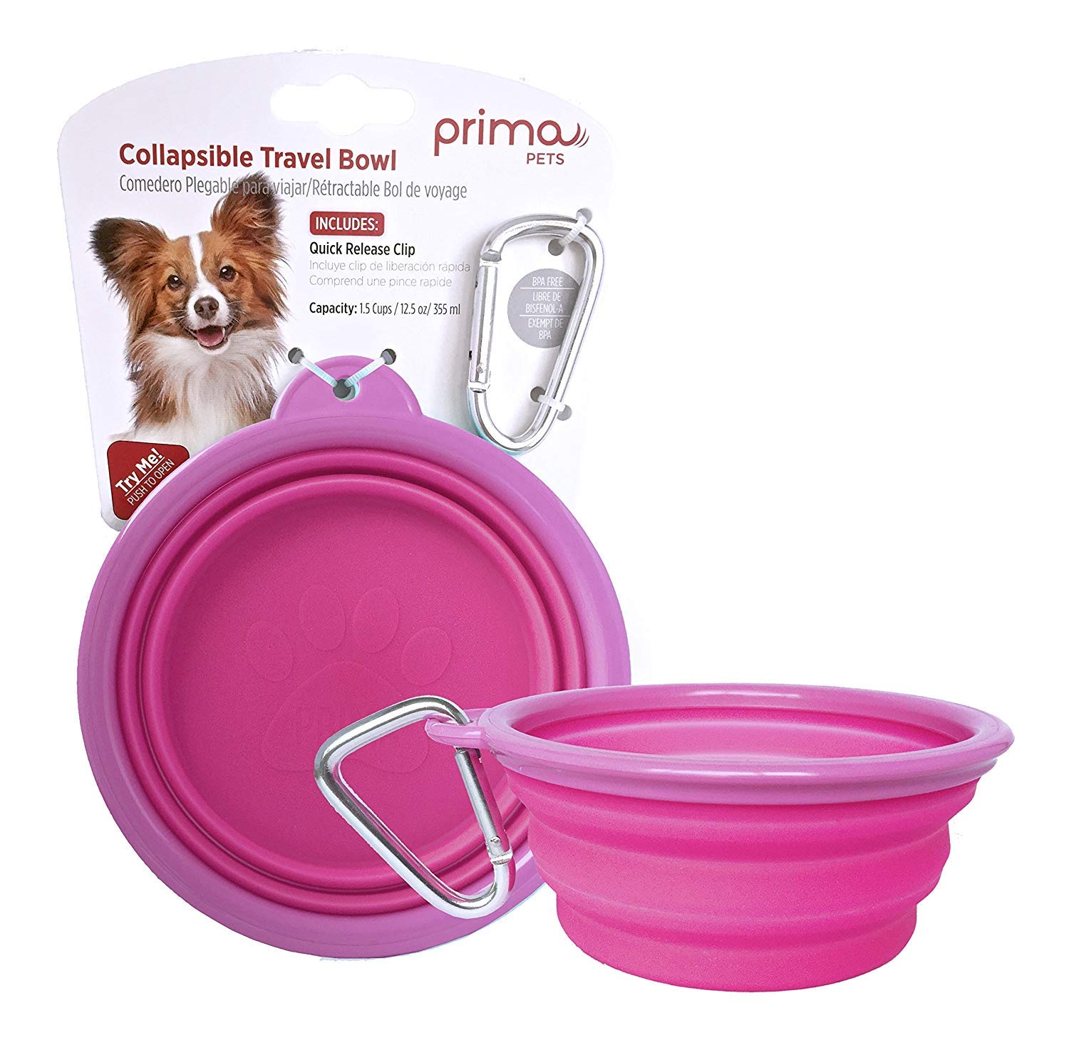 **Prima Pet Expandable Collapsible Silicone Travel Bowl for Dogs & Cats – 1.5 Cup (5.1 Inch) – Portable Food & Water Dish with Clip – Perfect for Hiking, Camping & Travel (Pink)**