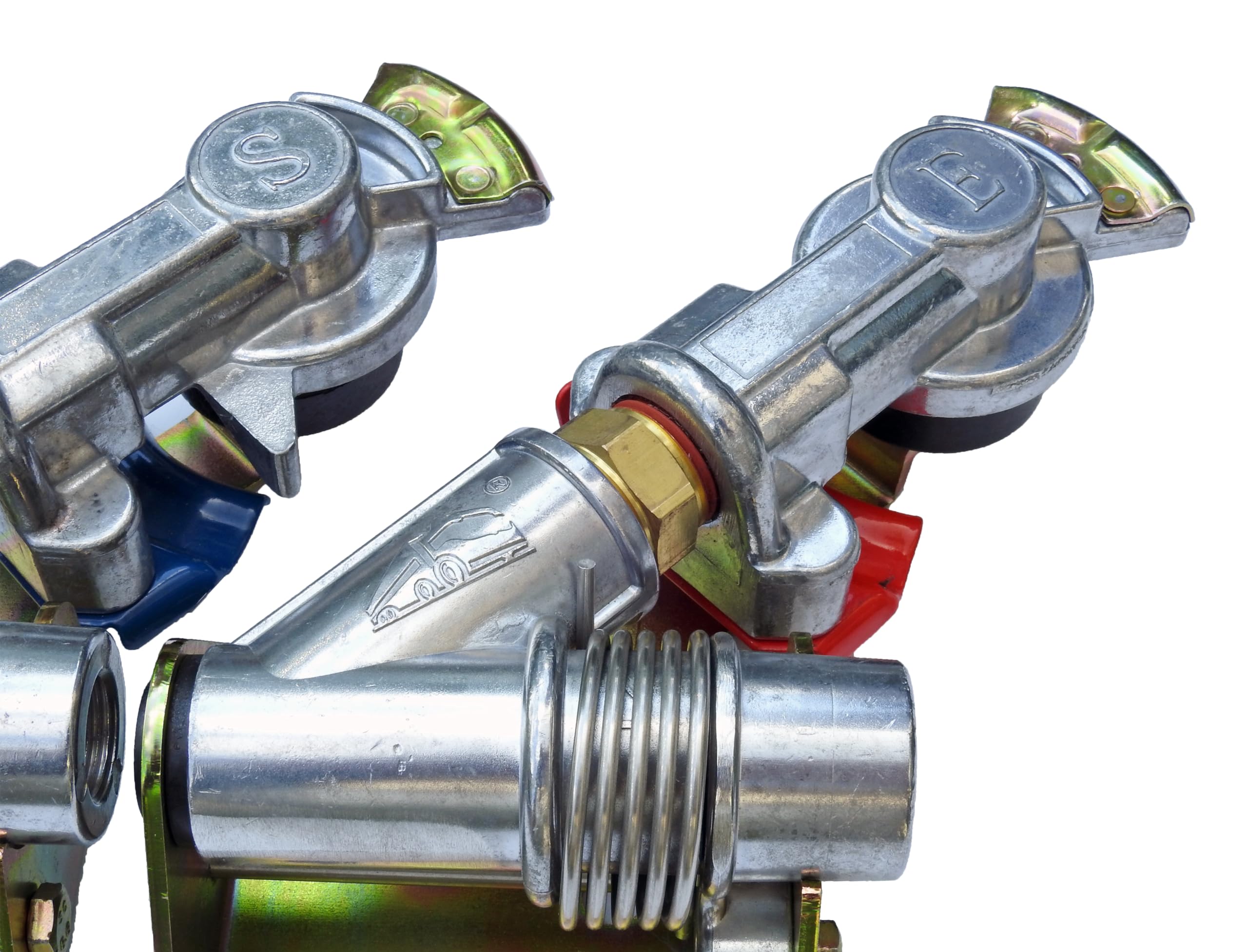 Red & Blue Angle Mount Swinger Gladhands for Tractor Trailer - Heavy Duty Truck Air Brake Couplers - Emergency & Service Line Connectors for Semi Trucks & Commercial Vehicles
