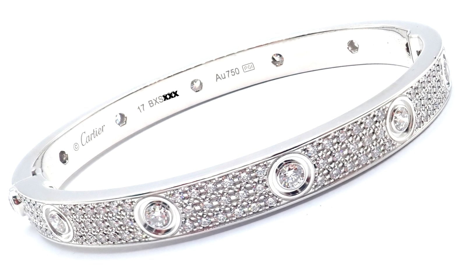 Authentic Cartier Love 18K White Gold Diamond Pave Bangle Bracelet Size 17 - Luxury Jewelry Gift for Women, Anniversary & Special Occasions