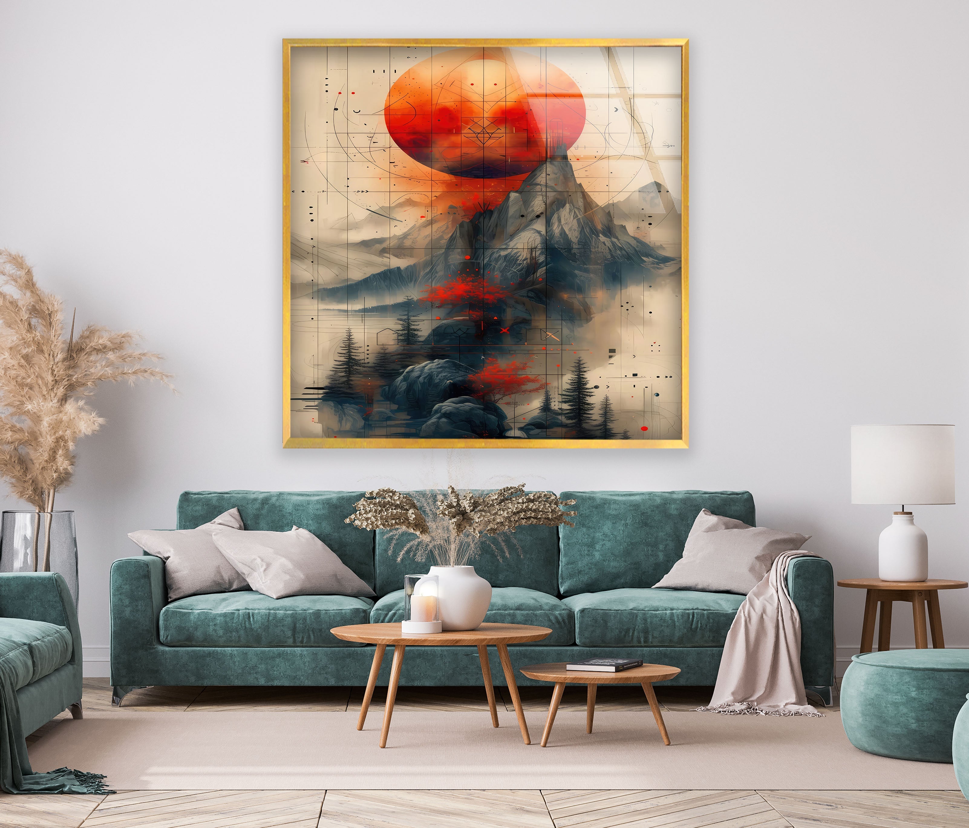 Abstract Mountain Glass Wall Art - Modern Red Sun Landscape Painting for Home & Office Decor | Perfect for Living Room, Bedroom, or Office Spaces