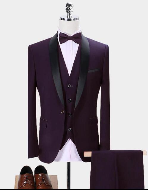 Elegant Slim Fit Burgundy Shawl Lapel 3-Piece Tuxedo Suit for Men - Wedding, Prom & Groomsmen Attire with Black Trim (Jacket+Pants+Vest) | Perfect for Formal Events, Evening Parties & Special Occasions
