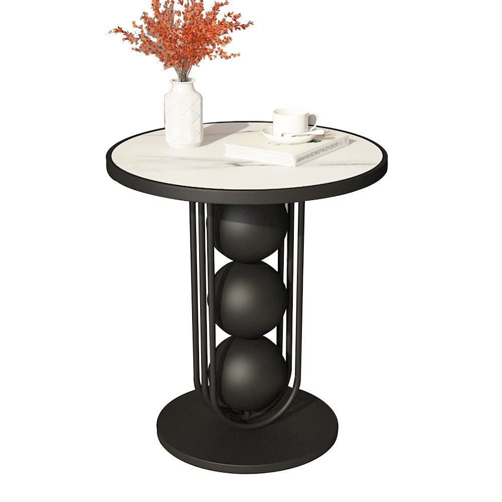 MAHFEI Round Coffee Table with Marble Effect Top & Metal Frame - 40x60x60cm Black Snack Table for Living Room, Easy Assembly, Sturdy Plant Stand - Perfect for Small Spaces, TV Lounge & Modern Home Decor