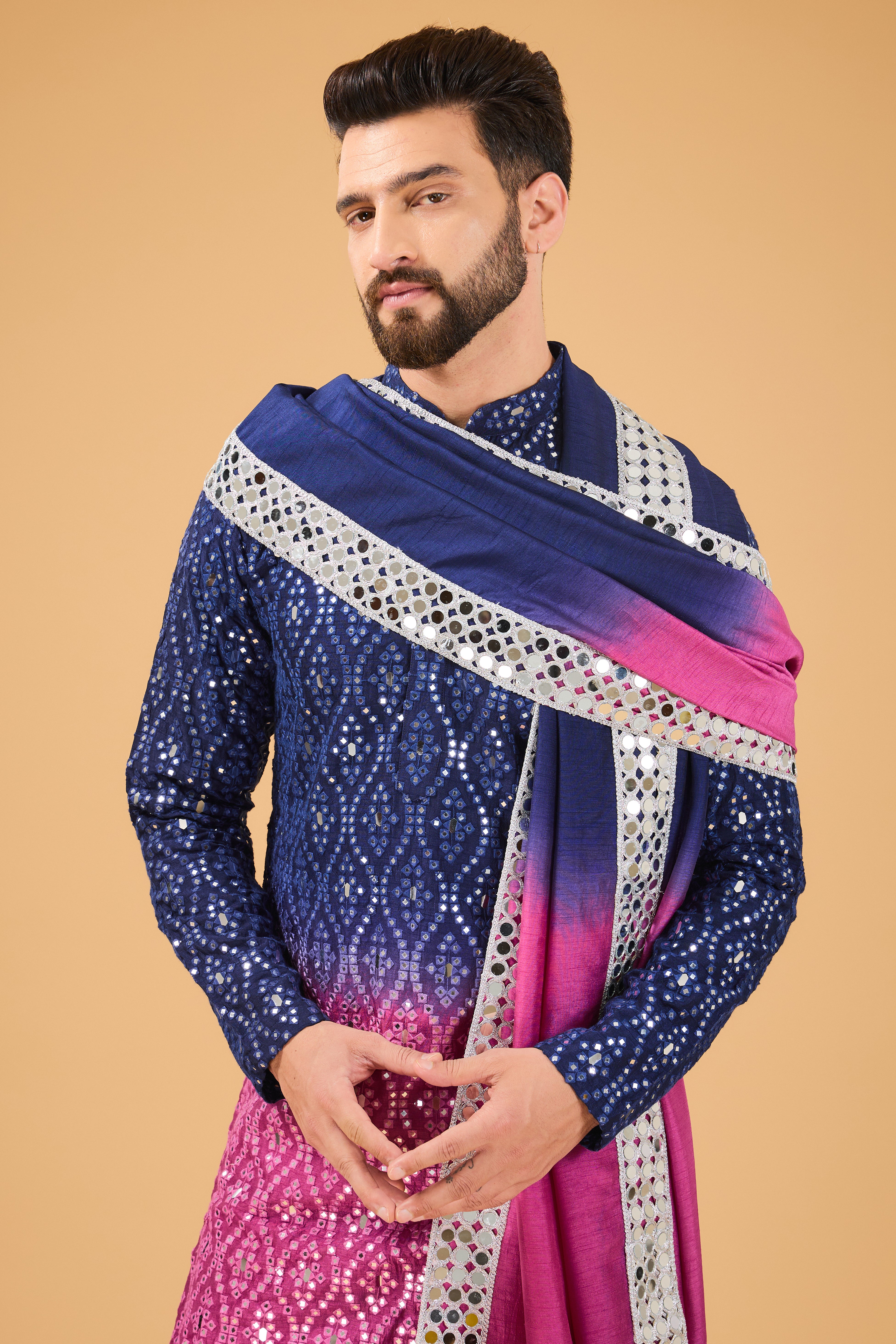 Midnight Blue Fuchsia Pink Ombre Mirror Work Kurta with Stole - Elegant Indian Ethnic Wear for Festivals, Weddings & Special Occasions