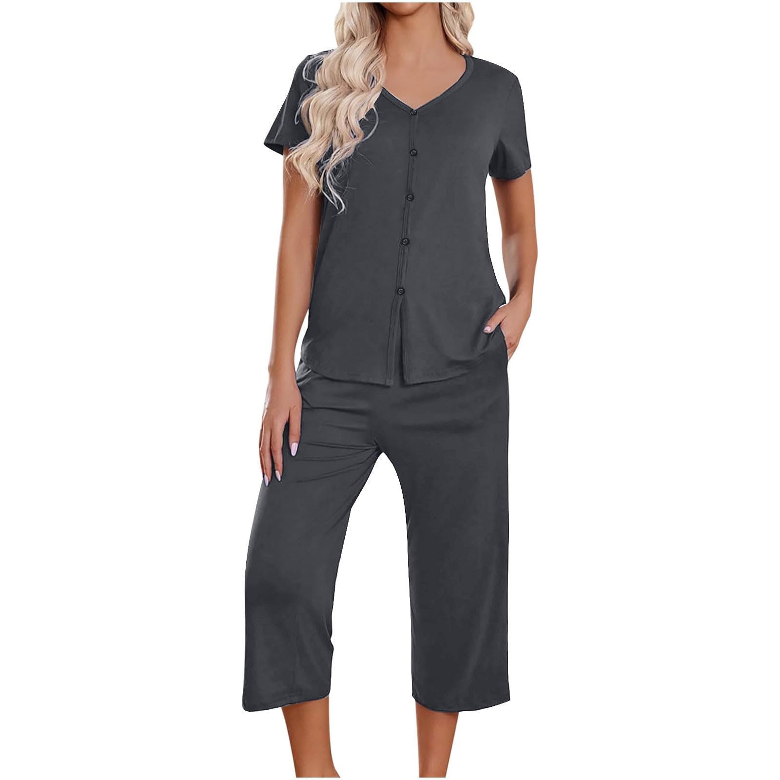 Women's Comfy V-Neck Lounge Set - Relaxed Two-Piece Outfit for Sleeping & Walking