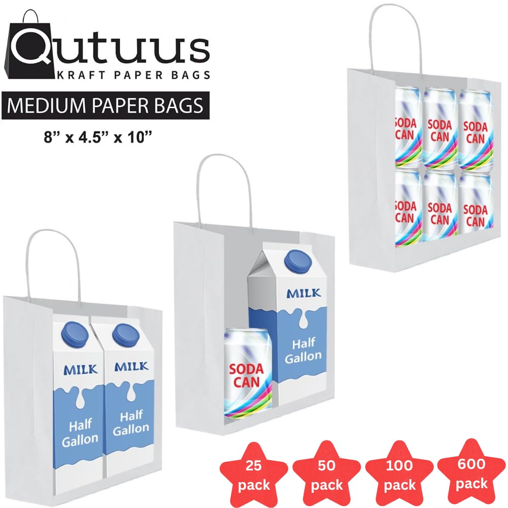 100Pcs White Kraft Paper Gift Bags with Handles 8x4.5x10 Inches - Bulk Medium Party Favor Bags for Valentine's Day, Weddings, Baby Showers & Retail Packaging | Eco-Friendly Gift Sacks for Candy, Cookies & Small Presents