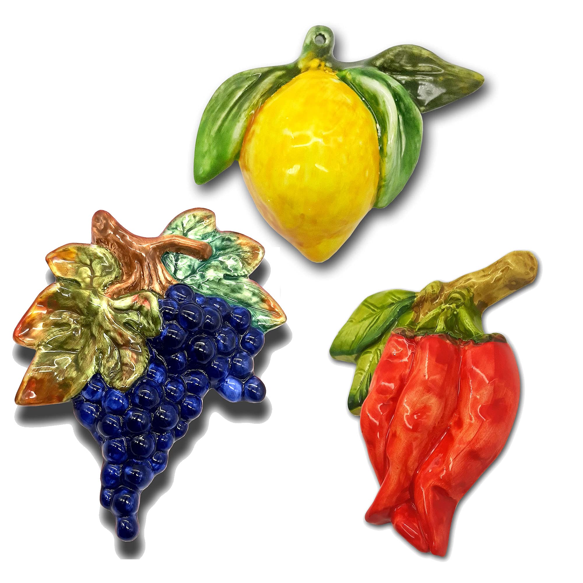 Hand-Painted Italian Ceramic Fruit Decor - Realistic Grapes, Chili Pepper & Lemon Wall Art for Kitchen - Lifelike Artificial Fruit Decoration - Perfect for Farmhouse, Rustic & Mediterranean Home Decor