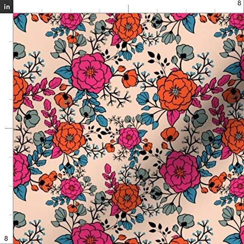 Bright Rose Floral Pink Orange Bird Print Minky Fabric by Spoonflower - Fat Quarter for Sewing Baby Blankets, Quilt Backing & Plush Projects - Soft & Cozy Nursery Decor, DIY Crafting, Home Décor