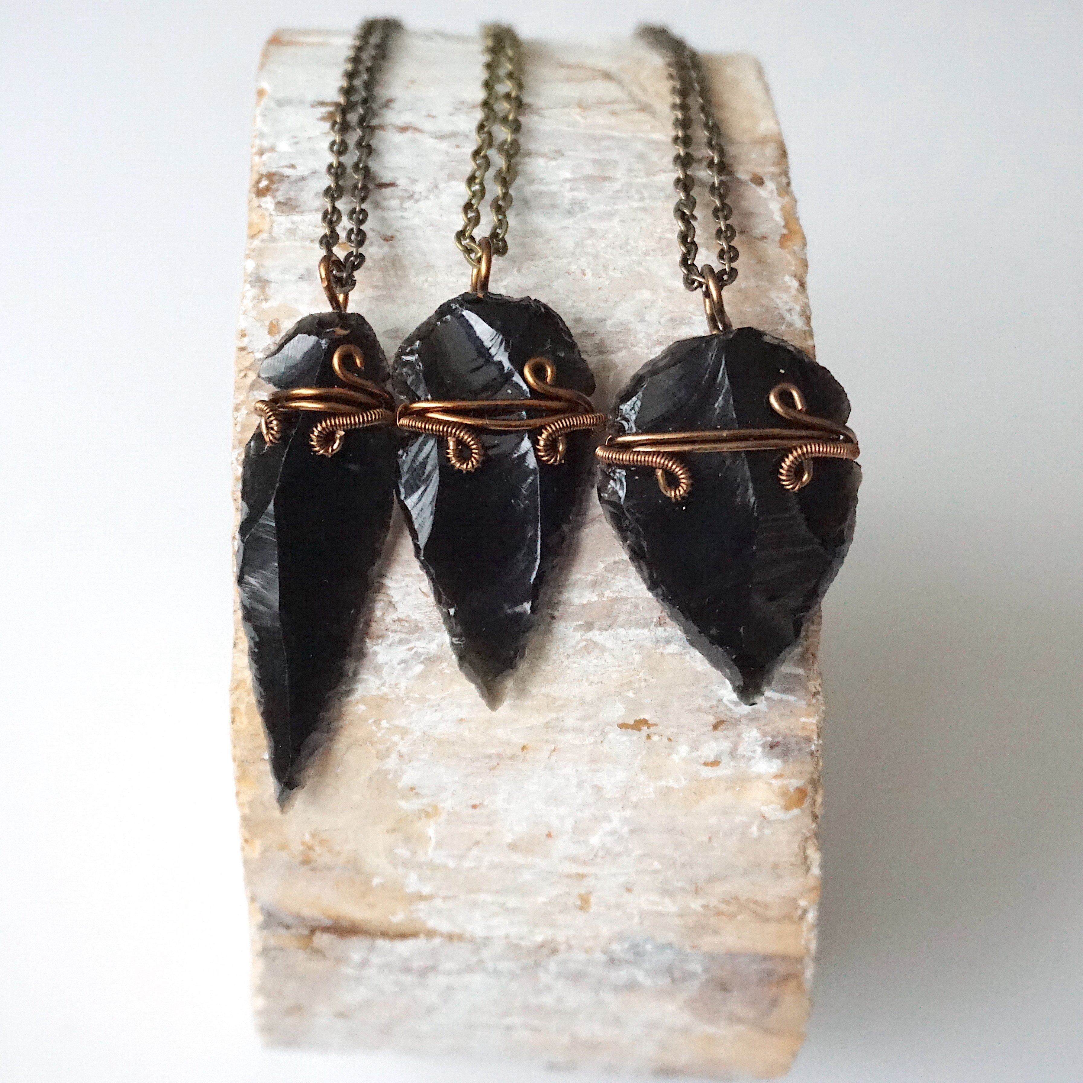 Obsidian Arrowhead Pendant Necklace in Antique Bronze - Handmade Stone Jewelry for Men & Women | Perfect for Outdoor Adventures, Spiritual Healing & Boho Fashion