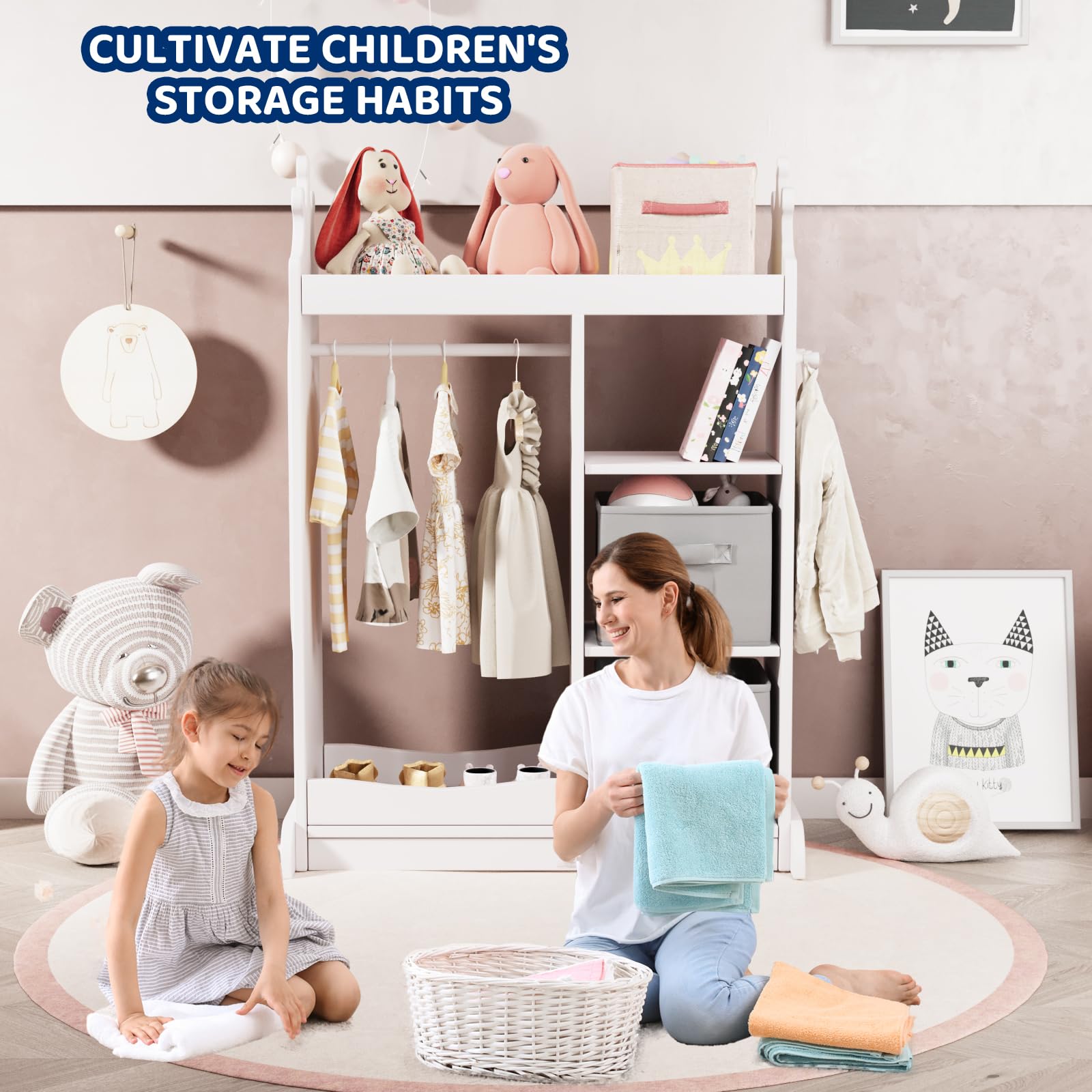 KIDINIX Kids Wardrobe with Mirror - White Open Dress Up Storage Armoire with 3-Tier Shelf, 2 Fabric Bins & Shoe Rack - Perfect for Organizing Coats, Dance Costumes, Hats & Shoes in Bedroom or Playroom
