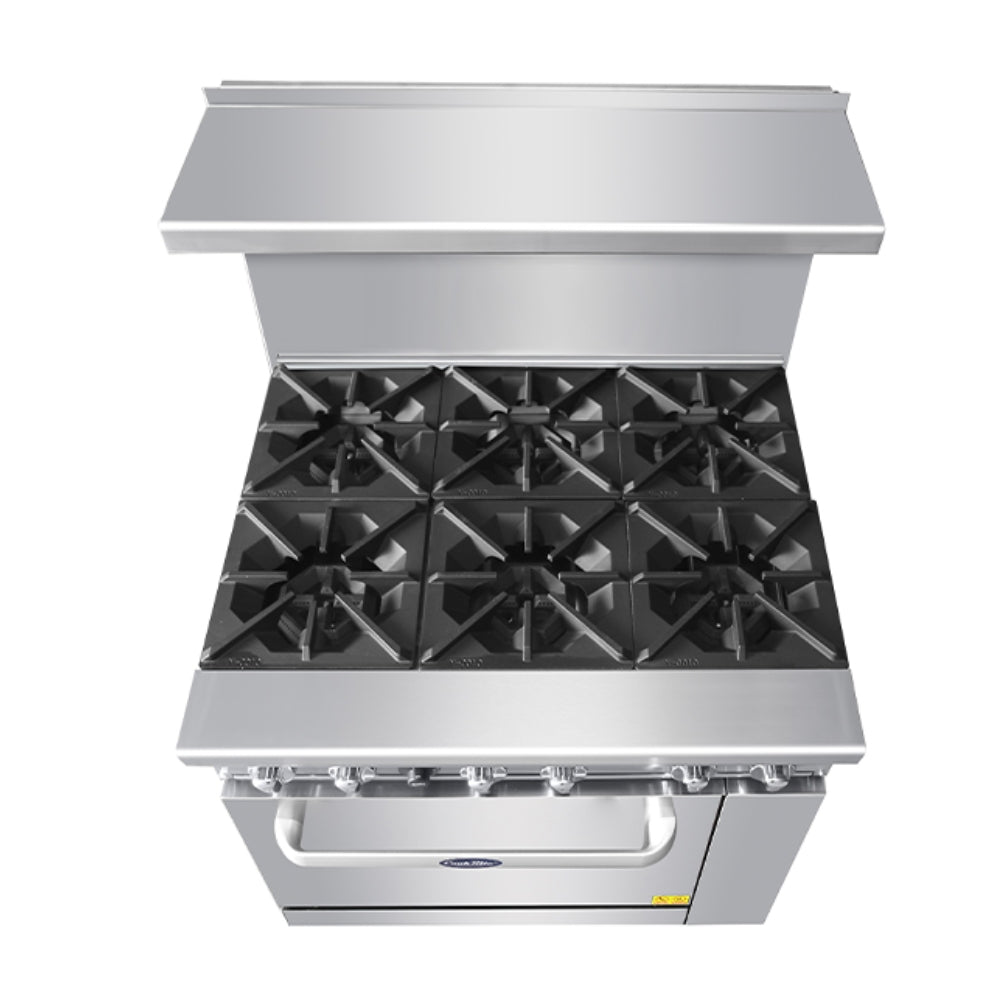 Atosa 36-Inch Commercial Gas Range with 6 Burners & Oven - 192,000 BTU High Power - Perfect for Restaurants, Catering & Large Kitchens