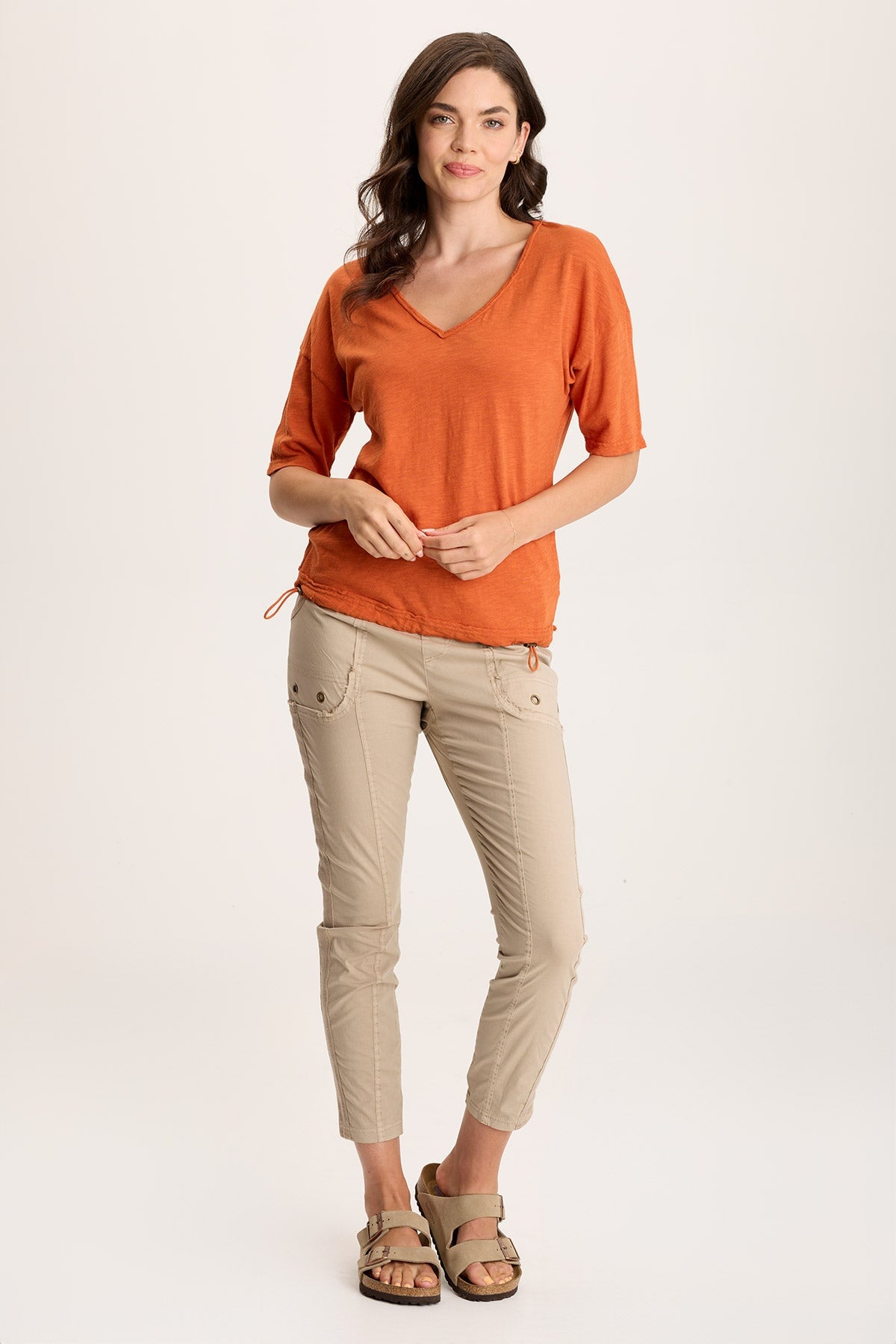 Rajni Women's V-Neck Cinchable Hem T-Shirt - Casual Stretch Fit Tee for Everyday Wear, Work & Outfits