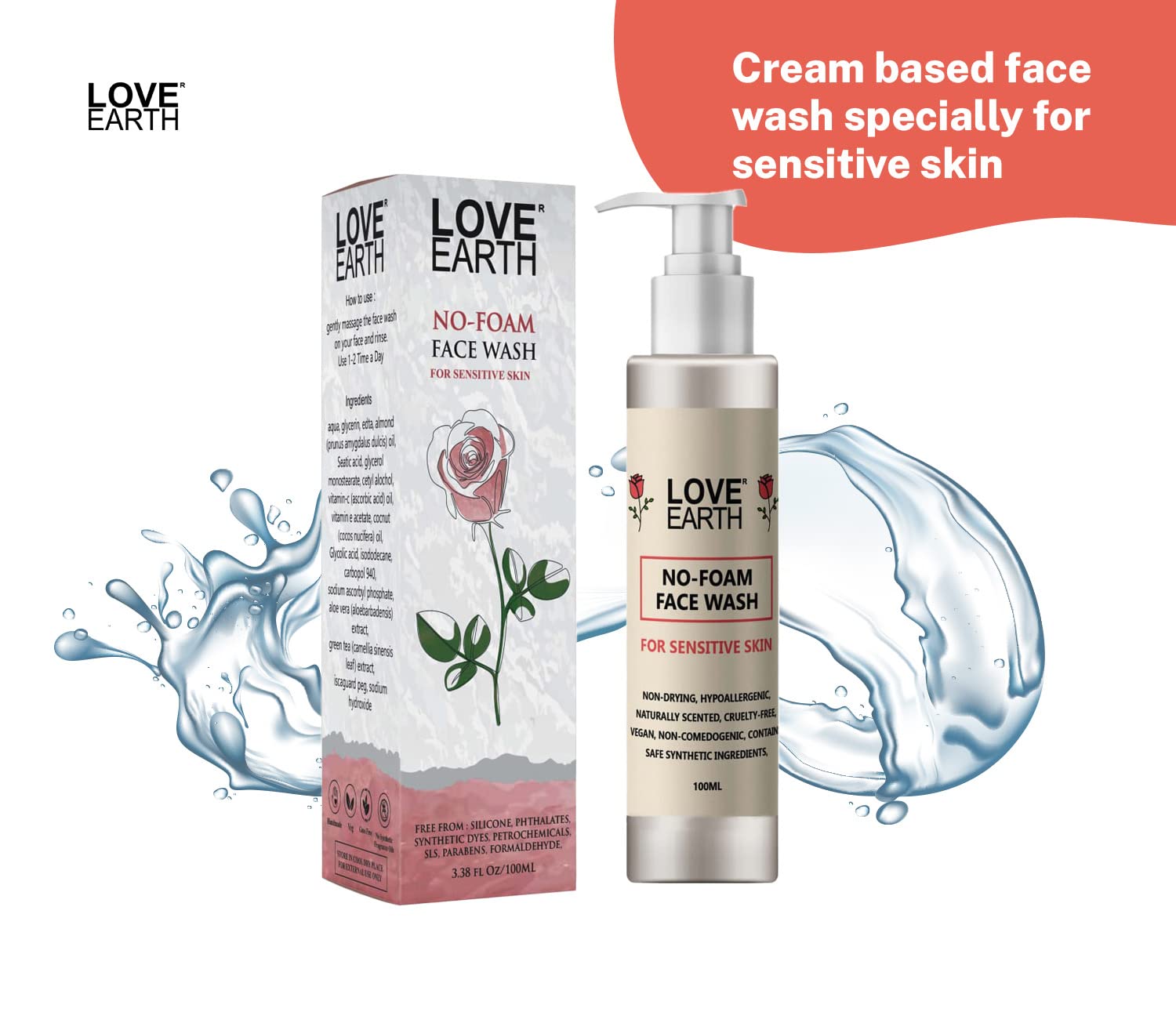 Love Earth No Foam Face Wash for Normal to Sensitive Skin - Soap Free, Non-Irritating & Hydrating Gentle Cleanser 100ml | Daily Skincare Routine for Soft, Healthy Skin
