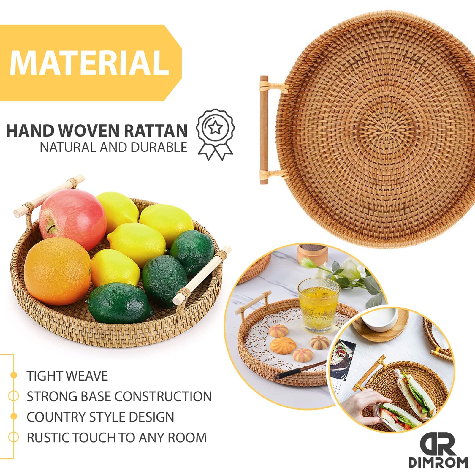 8.7-Inch Round Rattan Serving Tray - Woven Wicker Decorative Tray for Coffee Table, Bread, Fruit & Vegetables | Perfect for Home Decor, Restaurants & Entertaining
