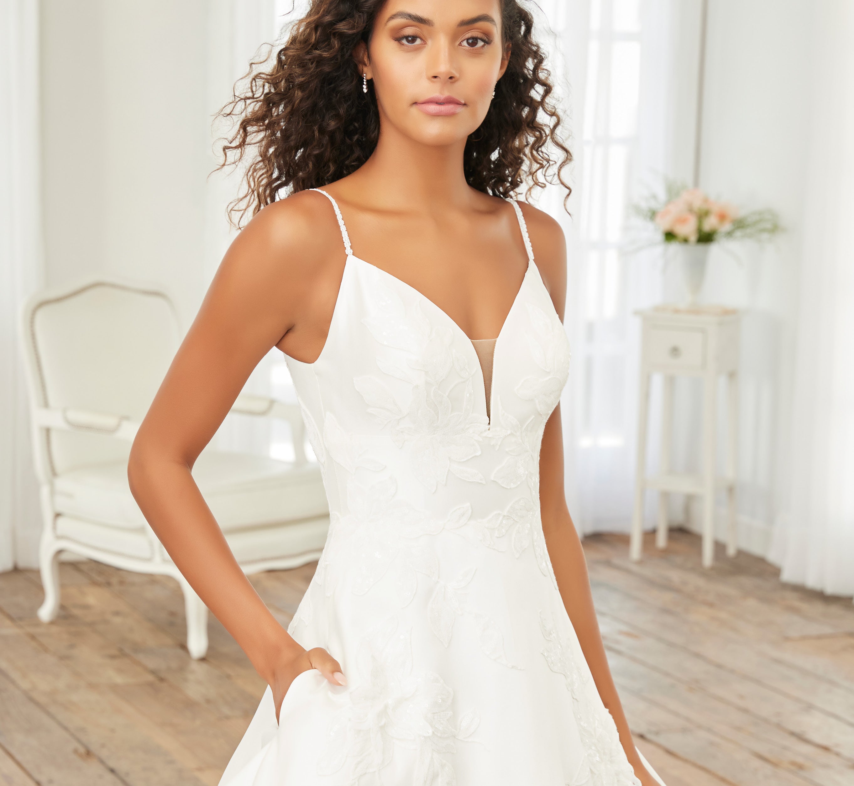 Ivory Nude Floral Beaded Mikado A-Line Wedding Gown - Elegant Bridal Dress for Beach, Garden & Formal Ceremonies