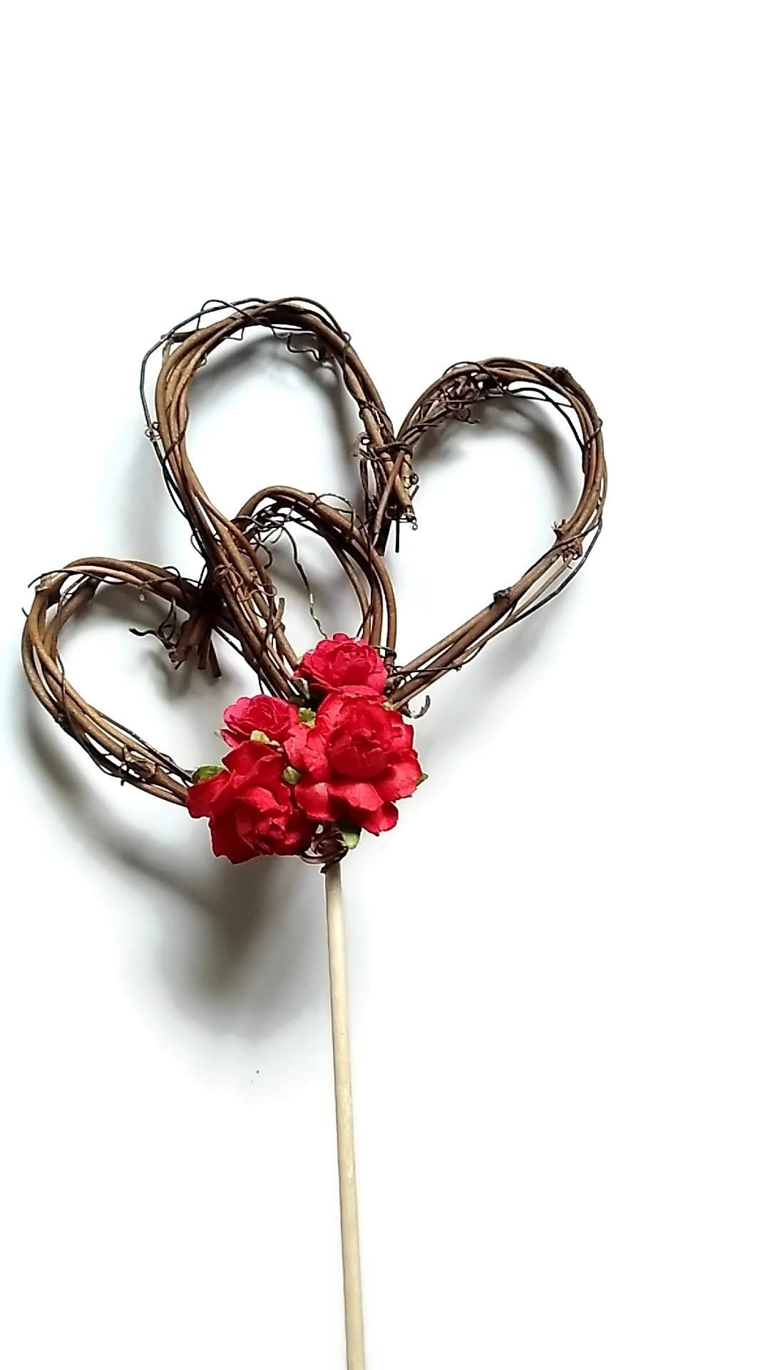 Elegant Rustic Wedding Cake Topper with Handcrafted Red Roses - Perfect for Country, Barn & Vintage Theme Weddings