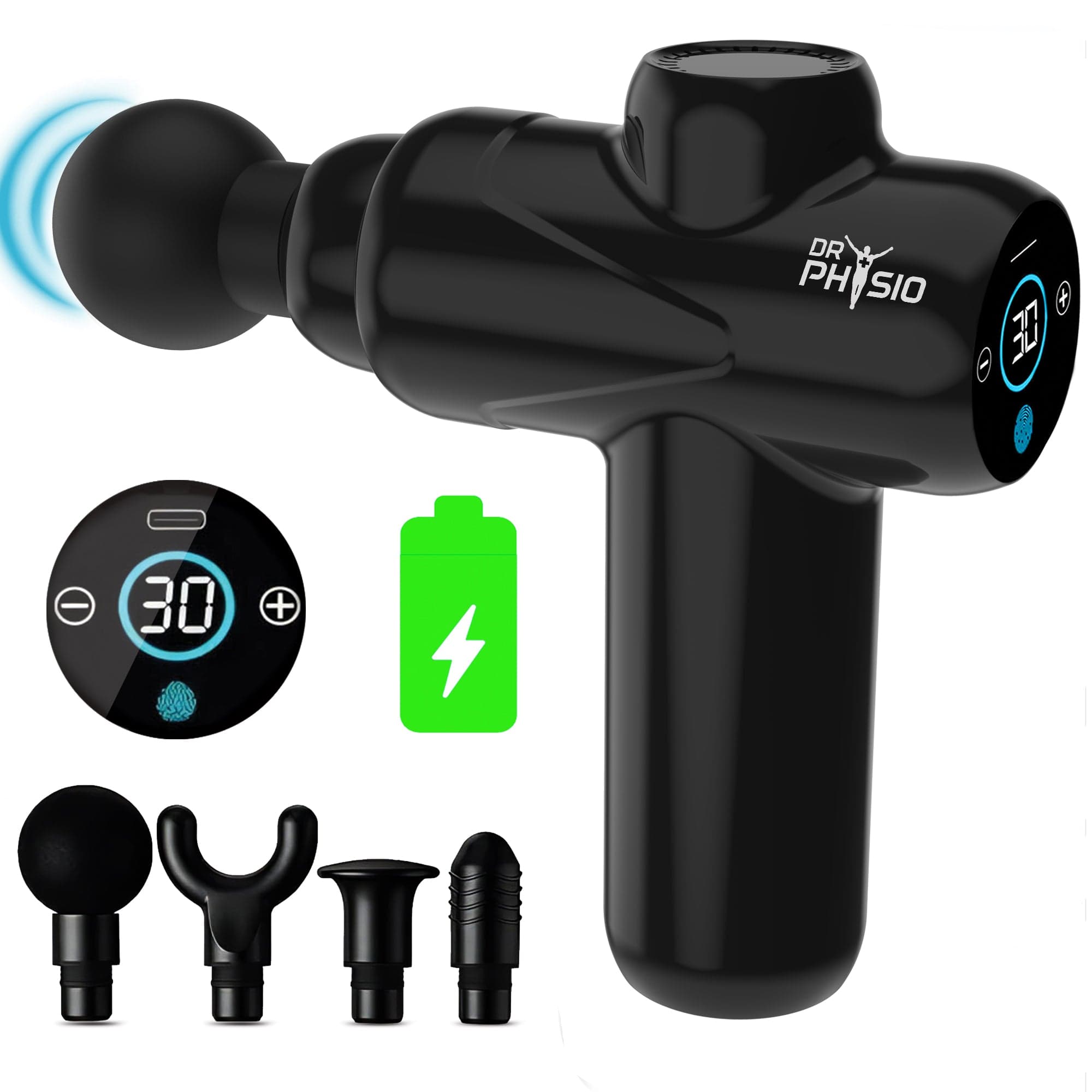 Dr Physio USA 1049 Touch Dynamo Electric Massage Gun - Deep Tissue Percussion Therapy for Muscle Pain Relief in Back, Neck, Shoulder & Leg - Rechargeable with 4 Attachments - Perfect for Post-Workout Recovery, Sports Therapy & Home Relaxation