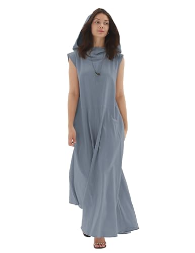 Women's Sleeveless Hooded Maxi Dress - Linen Fairy Fashion Dress for Plus Size | Perfect for Summer Beach, Boho Festival & Casual Outings
