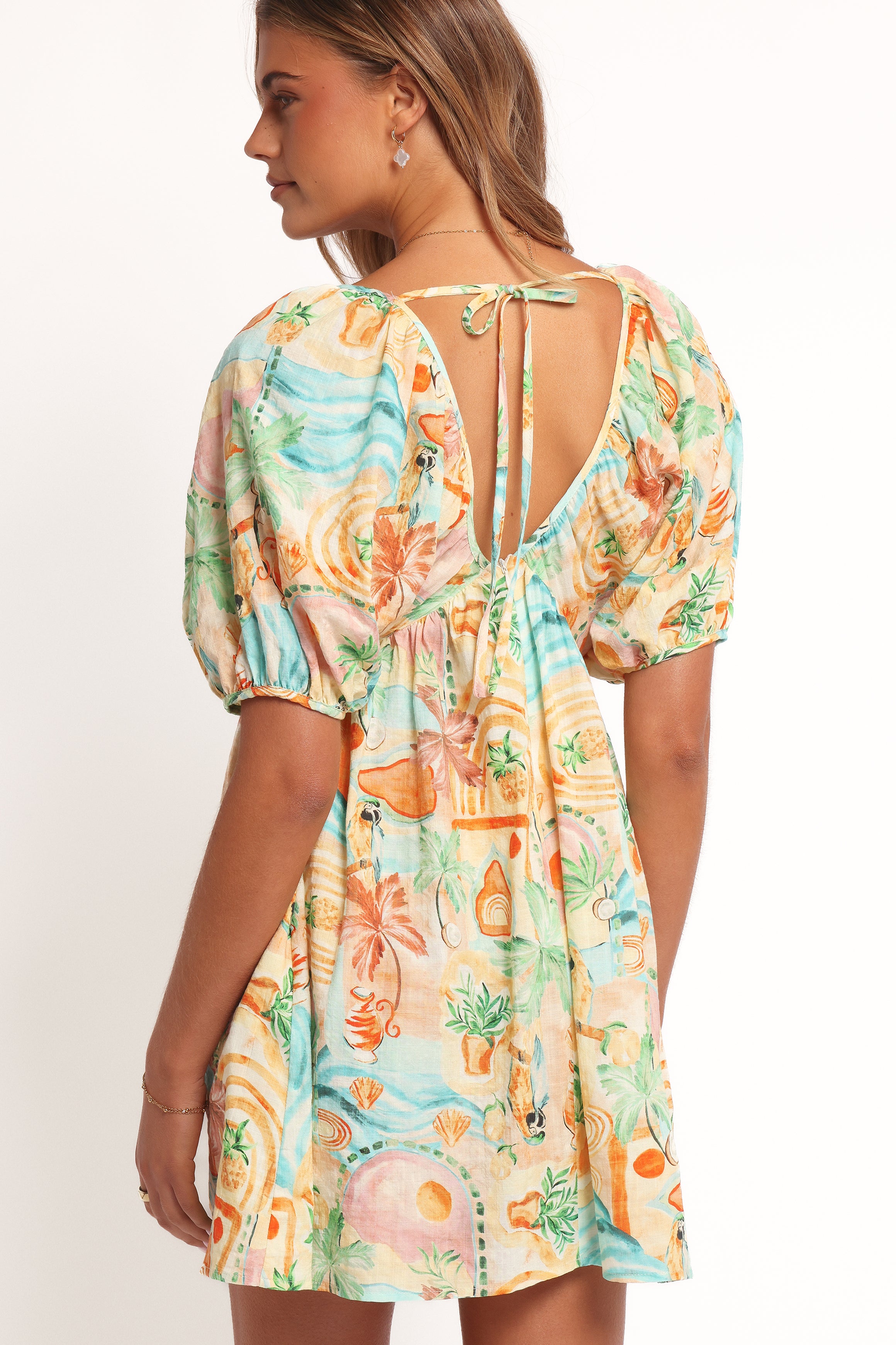 Cadhla Mini Dress - Elegant Golden Palm Print Summer Party Cocktail Dress for Women | Perfect for Beach Vacations, Date Nights & Special Occasions