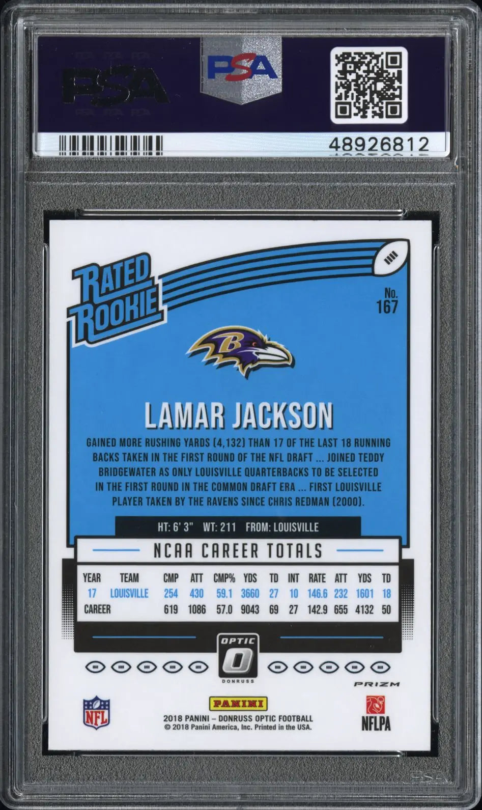 2018 Panini Donruss Optic Football Lamar Jackson Rated Rookie Holo PSA 10 Gem Mint - Rare Football Trading Card for Collectors & Sports Fans - Perfect for Display, Investment & Memorabilia Collections