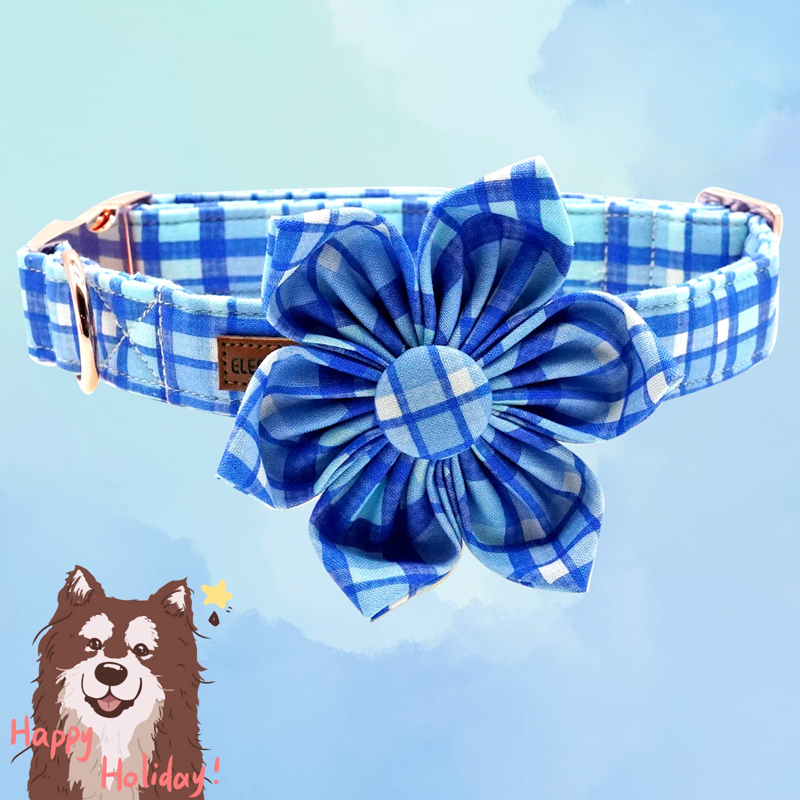 Elegant Blue Plaid Dog Collar with Flower - Soft Adjustable Pet Collar for Medium Dogs | Perfect for Daily Walks, Pet Photos & Special Occasions
