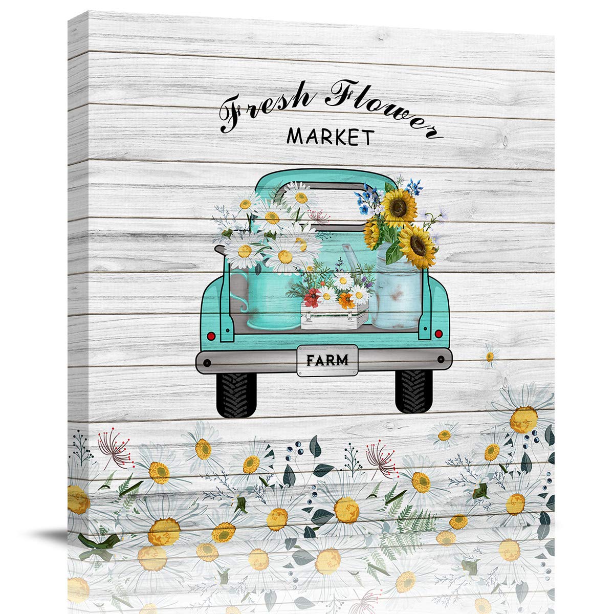Vintage Daisies Truck Canvas Wall Art - 12x12 Inch Framed Floral Painting Print, Farmhouse Decor for Bedroom, Bathroom & Kitchen - Perfect Gift & Ready to Hang (Rustic Flower Market Scene for Home Office Decor)