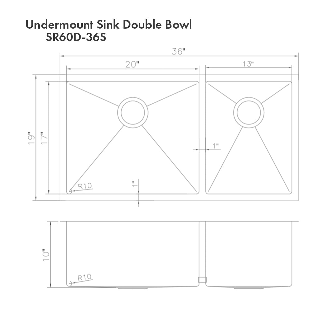 ZLINE 36-Inch Undermount Double Bowl Kitchen Sink - Satin Stainless Steel with Bottom Grid (Model SR60D 36S) | Perfect for Modern Kitchens, Restaurants & Food Prep Areas