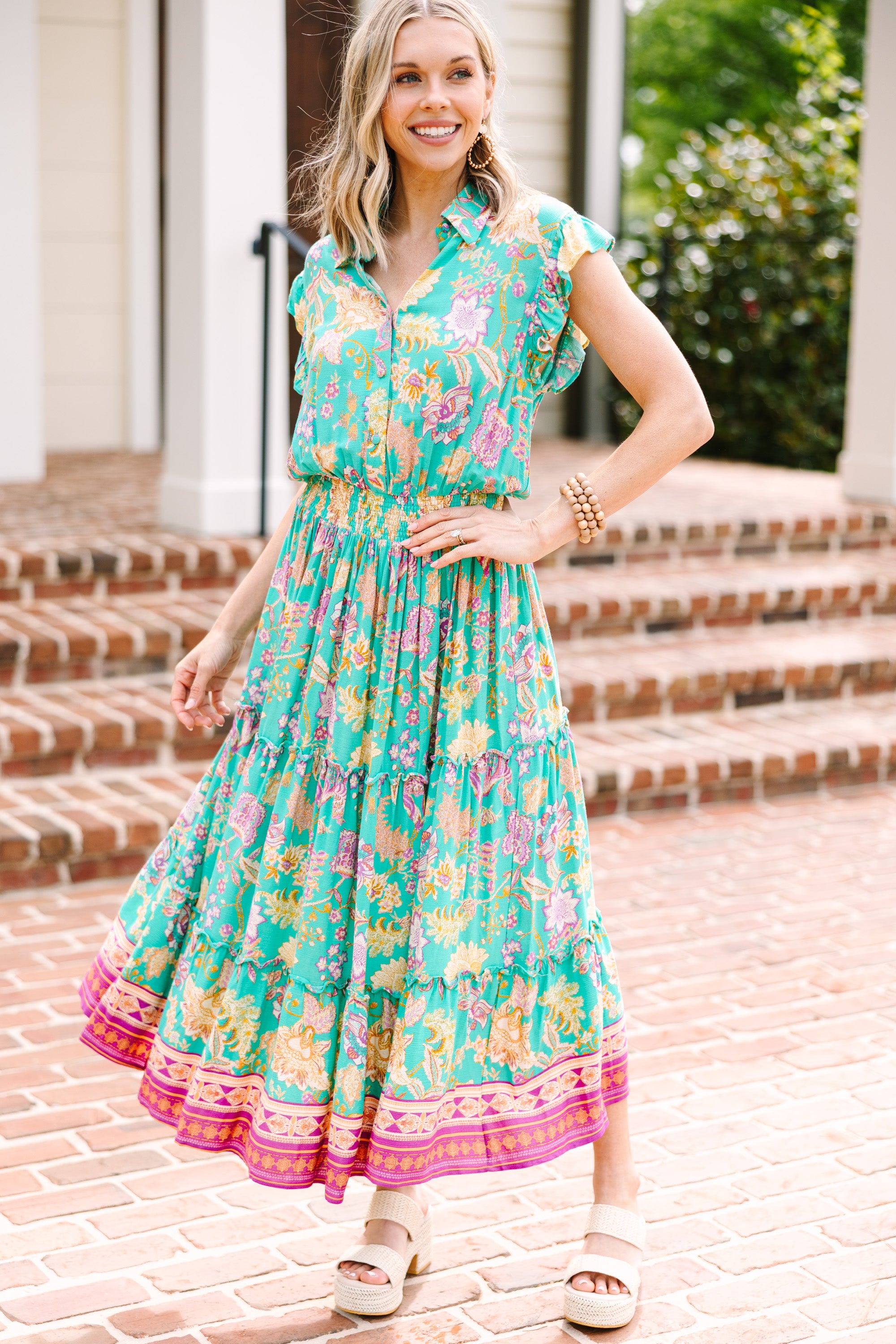 Elegant Jade Green Floral Maxi Dress for Women - Perfect for Summer Weddings, Beach Vacations & Boho Chic Outfits