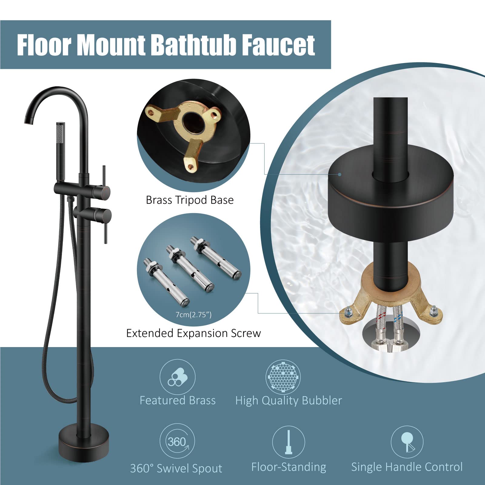 Aolemi Freestanding Bathtub Faucet - Oil Rubbed Bronze Floor Mount Tub Filler with High Flow Swivel Gooseneck Spout & Handheld Shower Mixer | Perfect for Modern Bathroom, Spa, and Luxury Home Decor