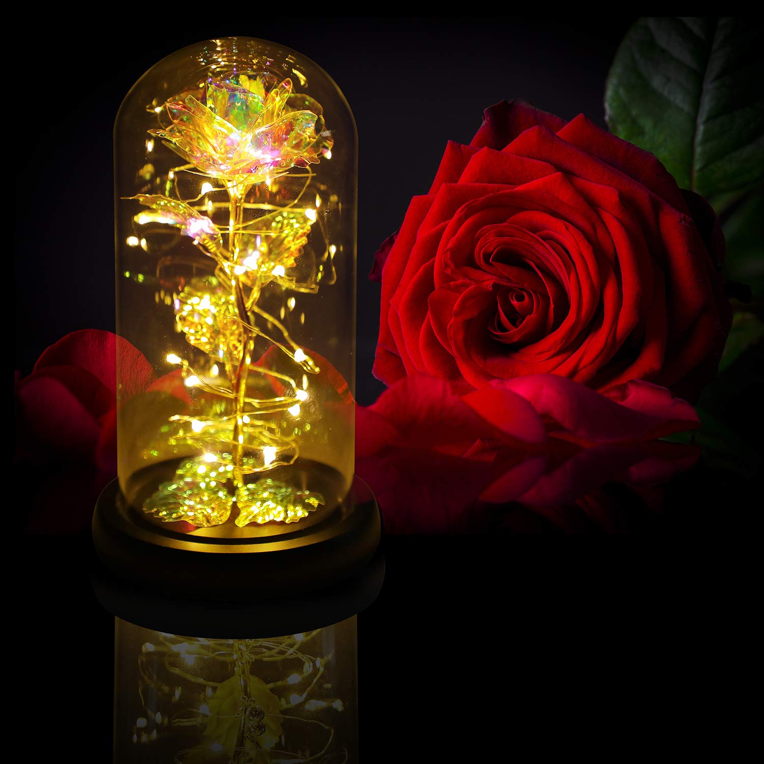 Childom Rainbow Rose Flower Gift for Women - Elegant Preserved Plastic Rose for Mom's Birthday, Anniversary, Valentine's Day - 1 Count Indoor Decoration - Perfect for Home Decor, Office Desk, Wedding Centerpiece