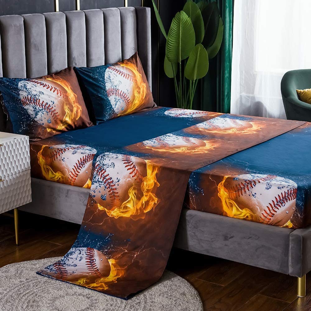 3-Piece Baseball Themed Bedding Set - Queen Size Fitted Sheet for Boys, Girls & Teens | Perfect for Sports Lovers' Bedrooms & Dorm Rooms