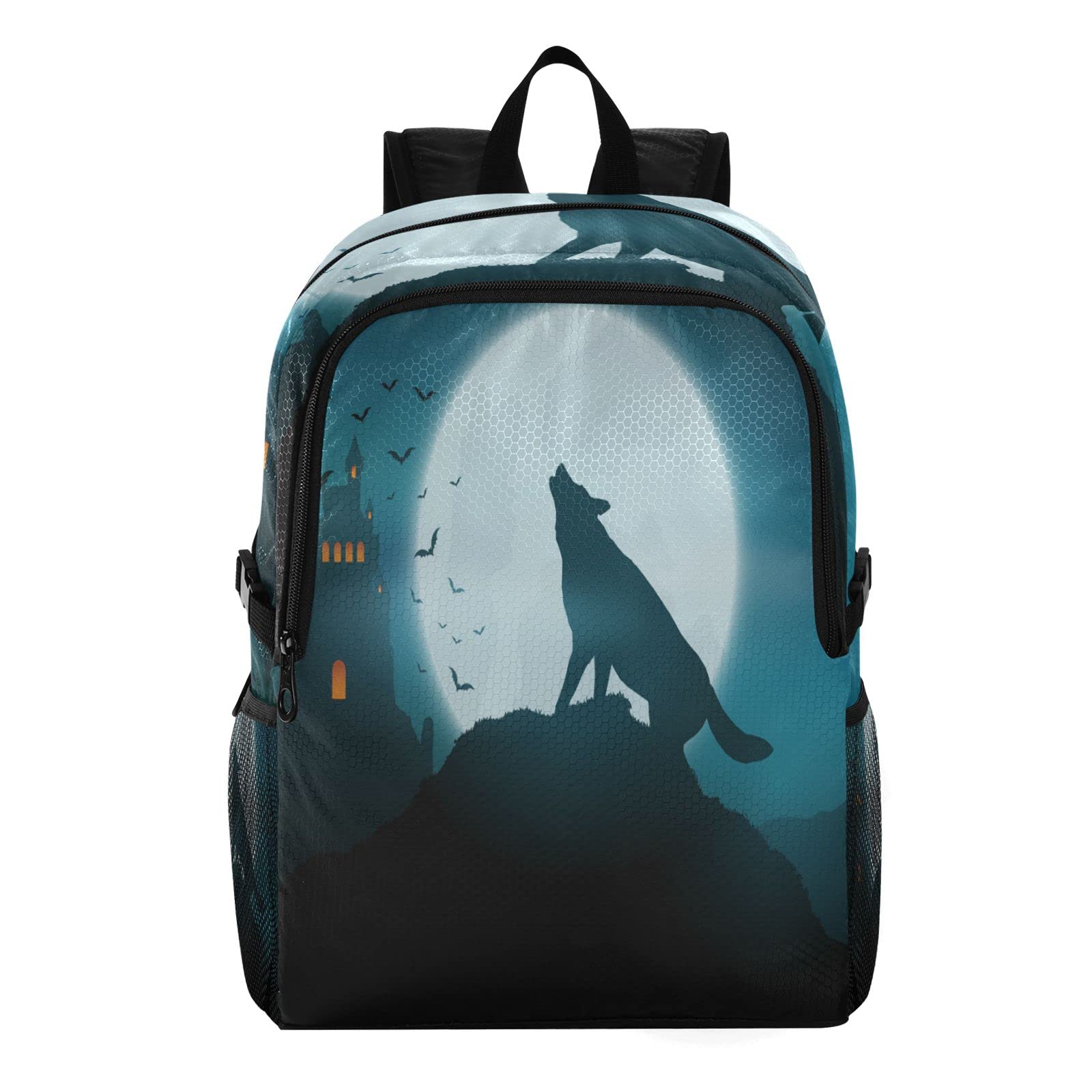 Halloween Themed Castle Wolf Bat Moon Hiking Backpack - 20L Lightweight Waterproof Daypack for Outdoor Travel, Camping & Trick-or-Treating | Perfect for Costume Parties, Haunted Trails & Adventure Trips