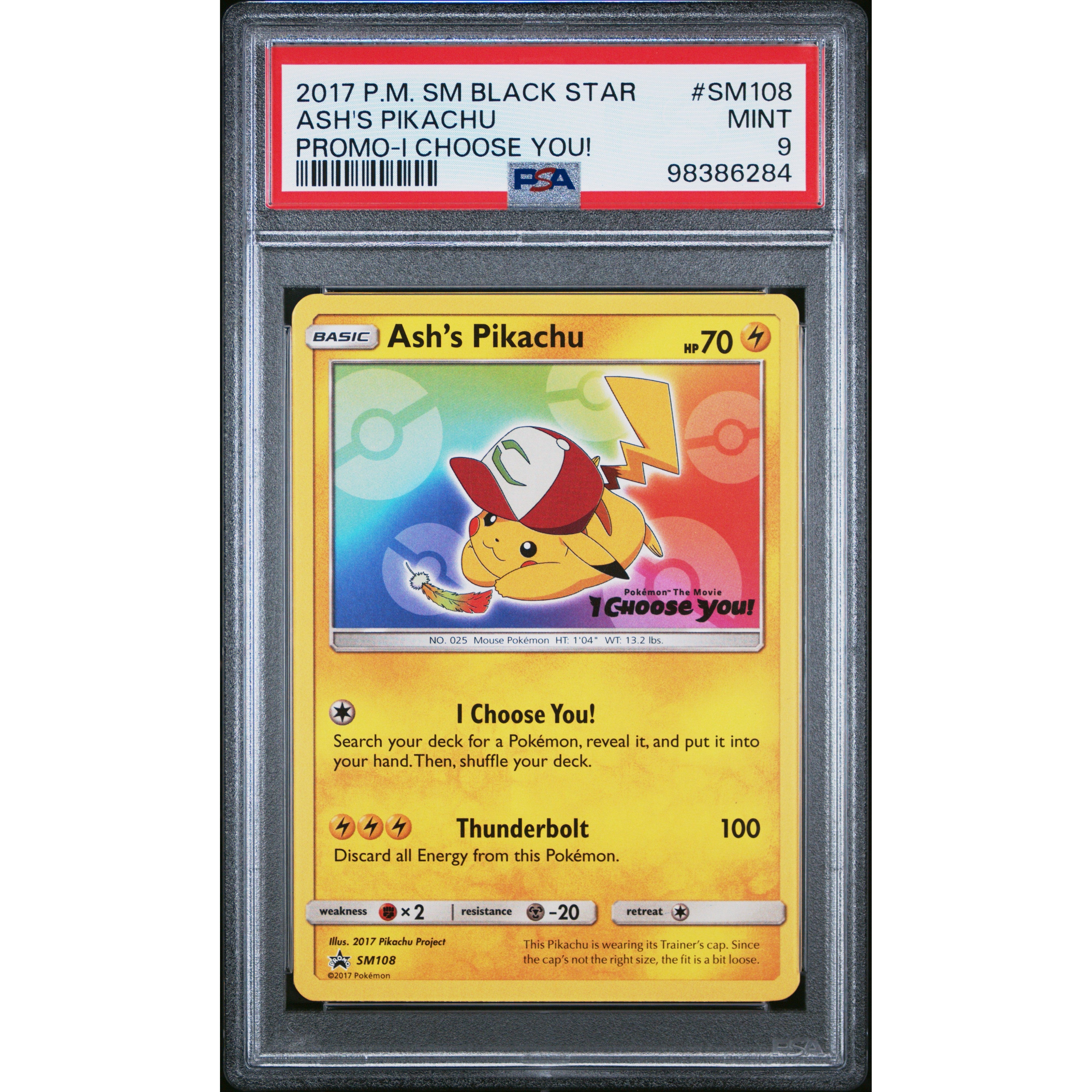 2017 Pokemon Sun & Moon SM108 Ash's Pikachu Promo Card PSA 9 Gem Mint - Rare Collectible for Pokemon TCG Fans & Gaming Enthusiasts