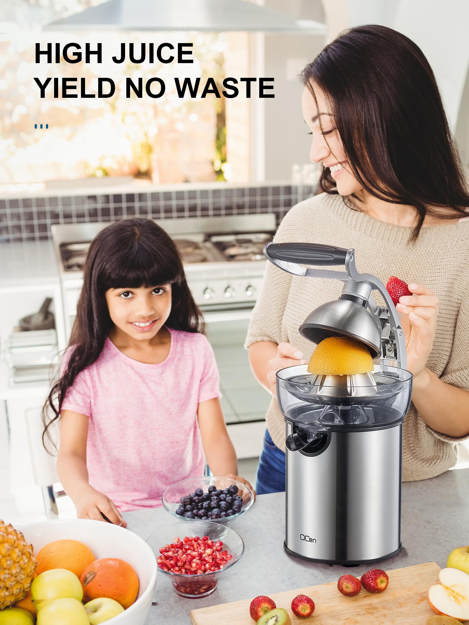 QCen 800W High-Power Juicer Machine - Metallic Red Electric Citrus Juicer Squeezer Bundle for Fresh Orange, Lemon & Grapefruit Juice - Perfect for Home, Restaurant & Healthy Breakfast