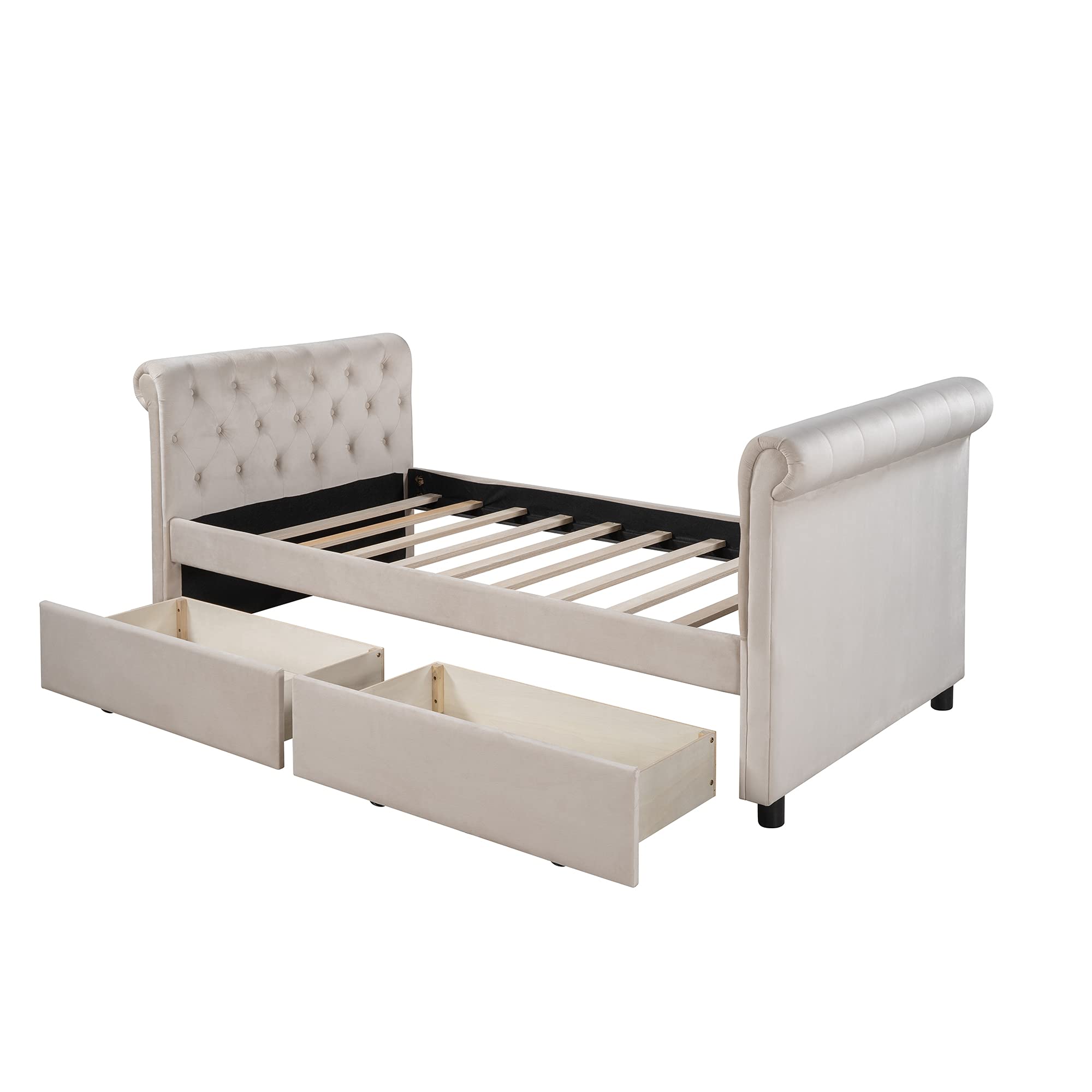 Harper & Bright Designs Twin Size Upholstered Daybed with 2 Storage Drawers - Wood Slat Support Frame, No Box Spring Needed - Easy Assembly Beige Day Bed for Guest Room, Dorm, or Small Space