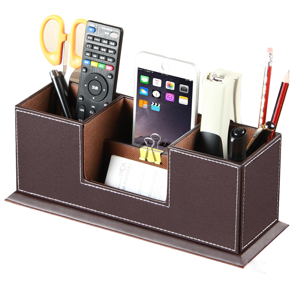 PUSU PU Leather Desk Pencil Holder - 4 Compartment Multifunctional Desk Organizer for Pens, Pencils, Business Cards & Phone - Executive Office Desk Accessories for Home & Office Workspace Organization