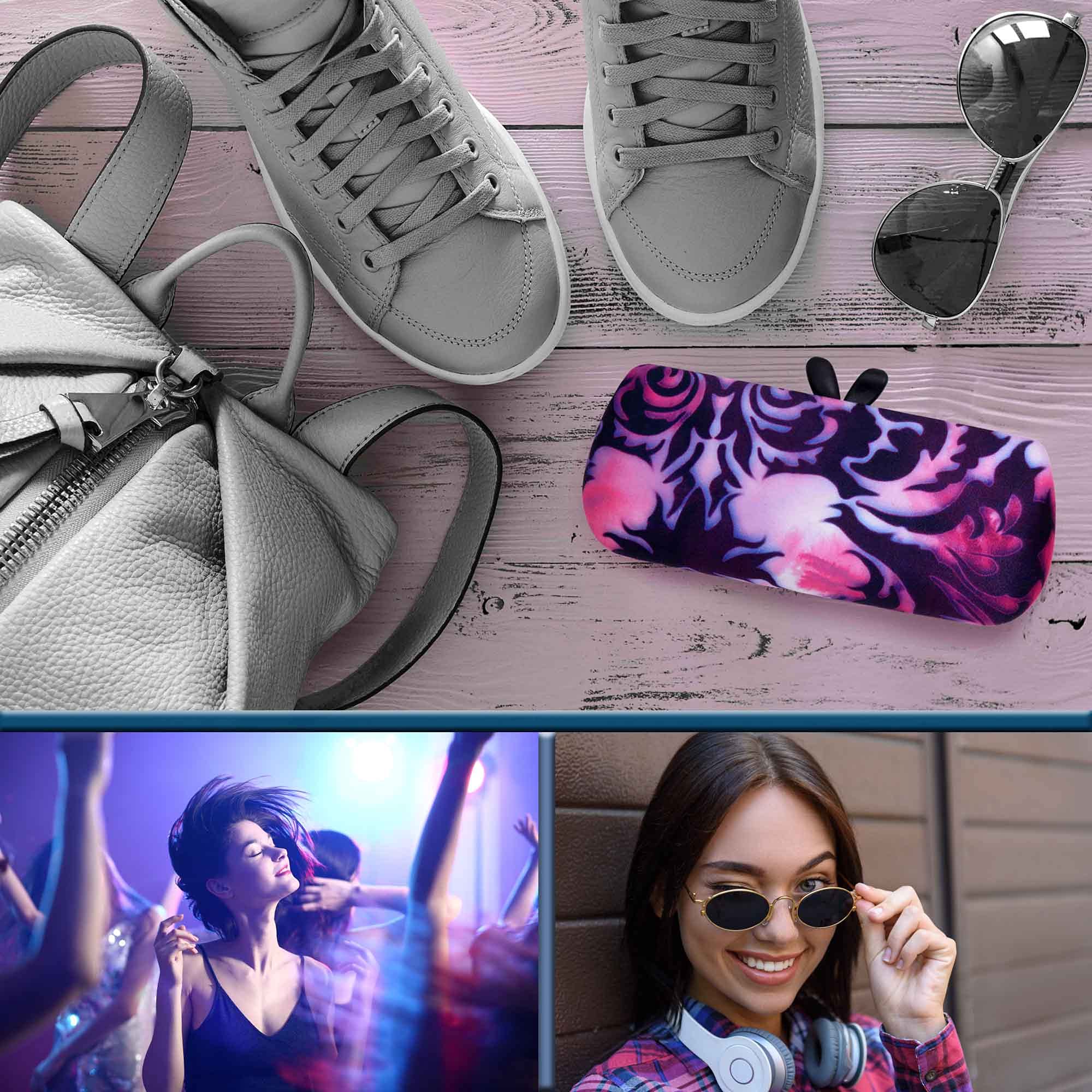 Stylish Women's Hard Glasses Case - Cute Small Sunglasses Holder with Handle - Fashionable Eyeglass Storage with Drawstring Pouch & Cleaning Cloth | Perfect for Travel, Work & Everyday Use
