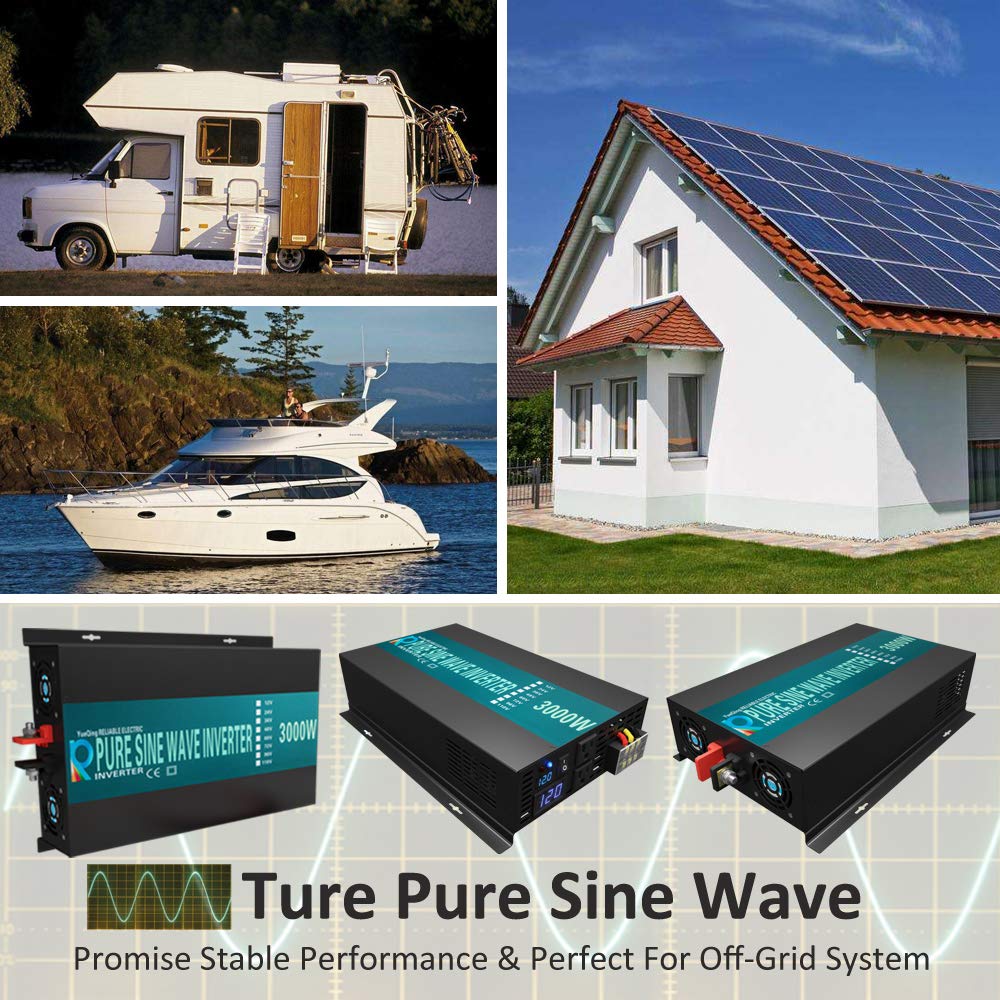3000W 12V Pure Sine Wave Power Inverter with Remote Control - Solar Energy Converter for RV, Boat, Off-Grid & Emergency Power - 110V~120V AC Output for Home Appliances & Outdoor Use