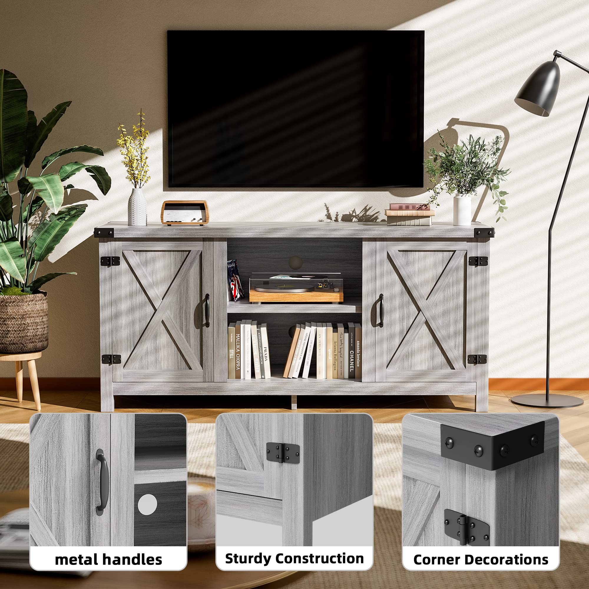 JUMMICO 65 Inch TV Stand - Farmhouse Style Entertainment Center with Double Barn Doors & Storage Cabinets, Media Console Table for Living Room & Bedroom (Grey) - Perfect for Rustic Home Decor & TV Organization